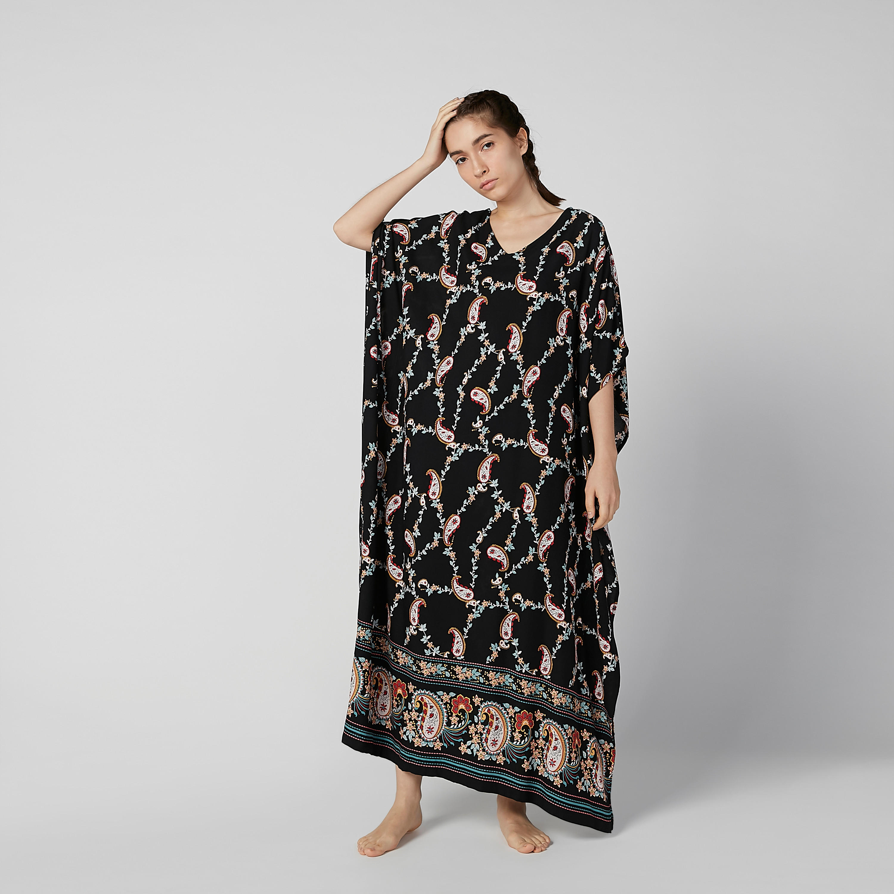 Printed Maxi Kaftan Night Dress with 3/4 Sleeves-women-clothing-nightwear-nighties-image-2