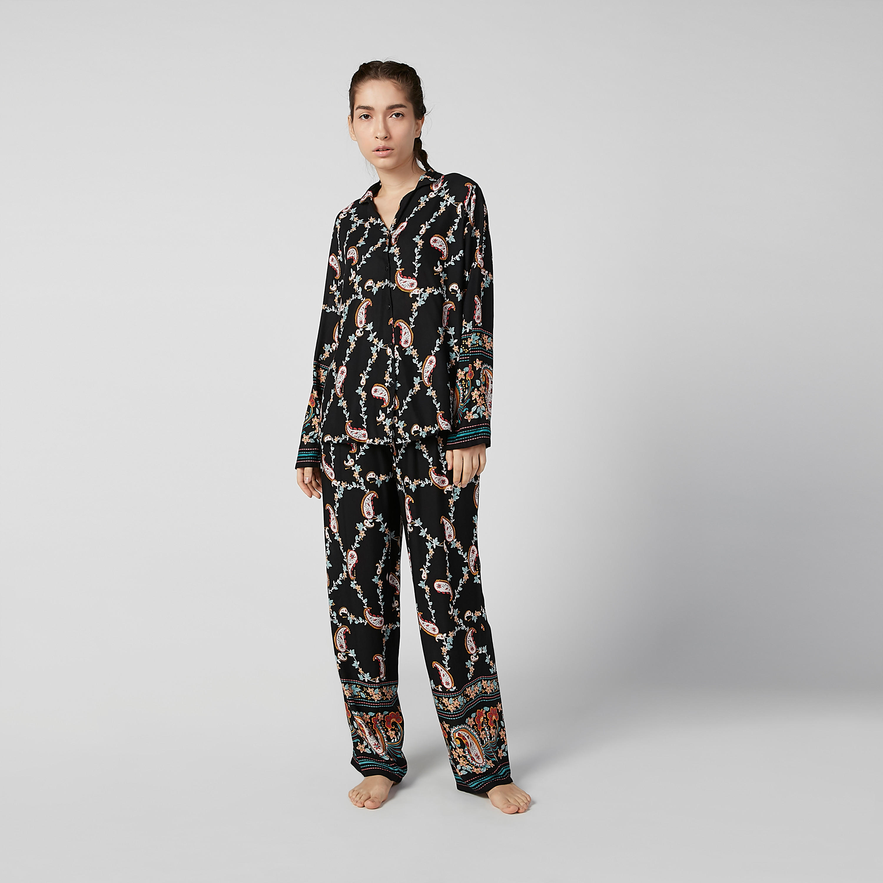 Printed V-neck Shirt and Full Length Pyjama Set-women-clothing-nightwear-pyjamas-longsets-image-1