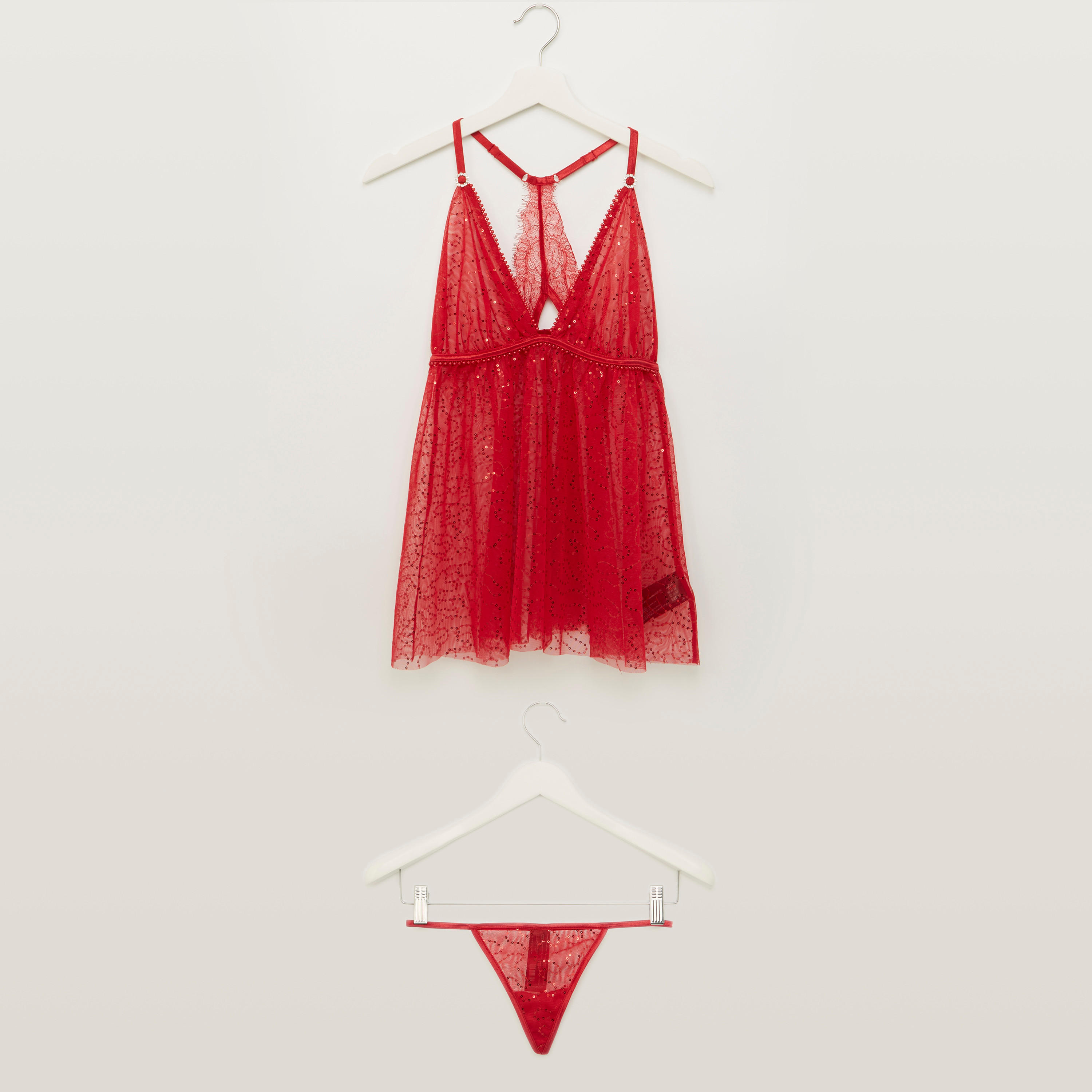 قميص نوم شبكي مزيّن بياقة V مع ثونج-women-clothing-nightwear-pyjamas-longsets-image-1
