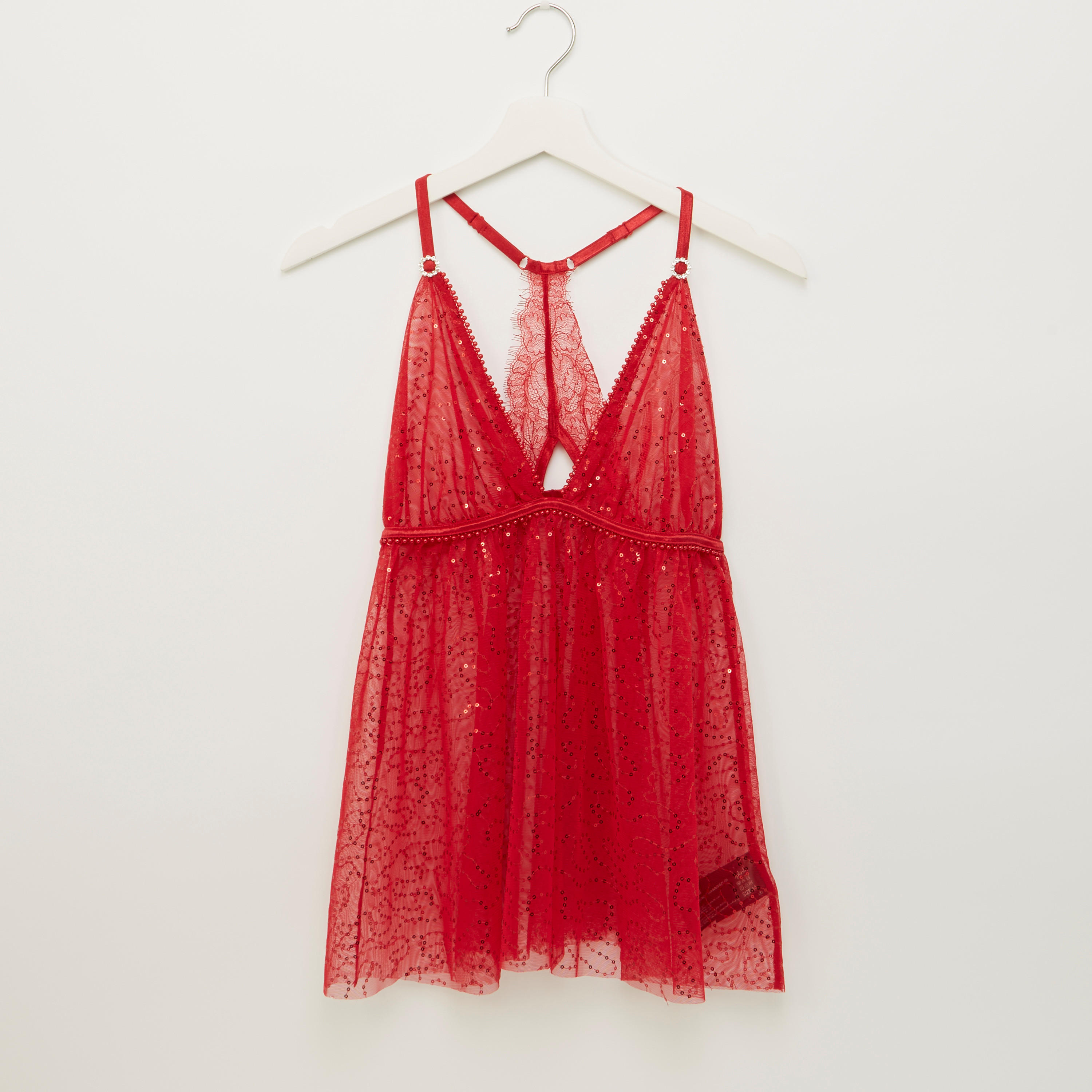 قميص نوم شبكي مزيّن بياقة V مع ثونج-women-clothing-nightwear-pyjamas-longsets-image-2