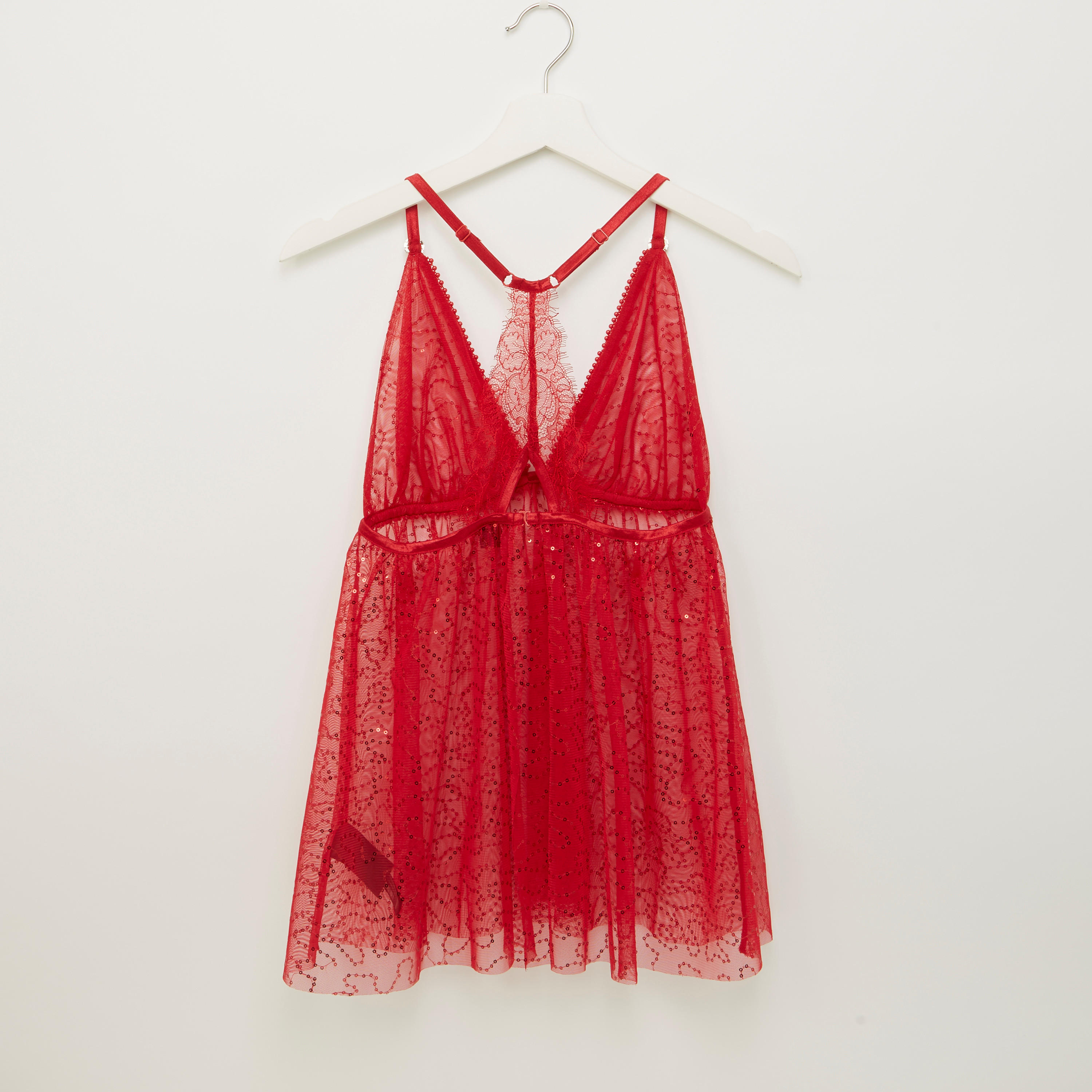 قميص نوم شبكي مزيّن بياقة V مع ثونج-women-clothing-nightwear-pyjamas-longsets-image-3