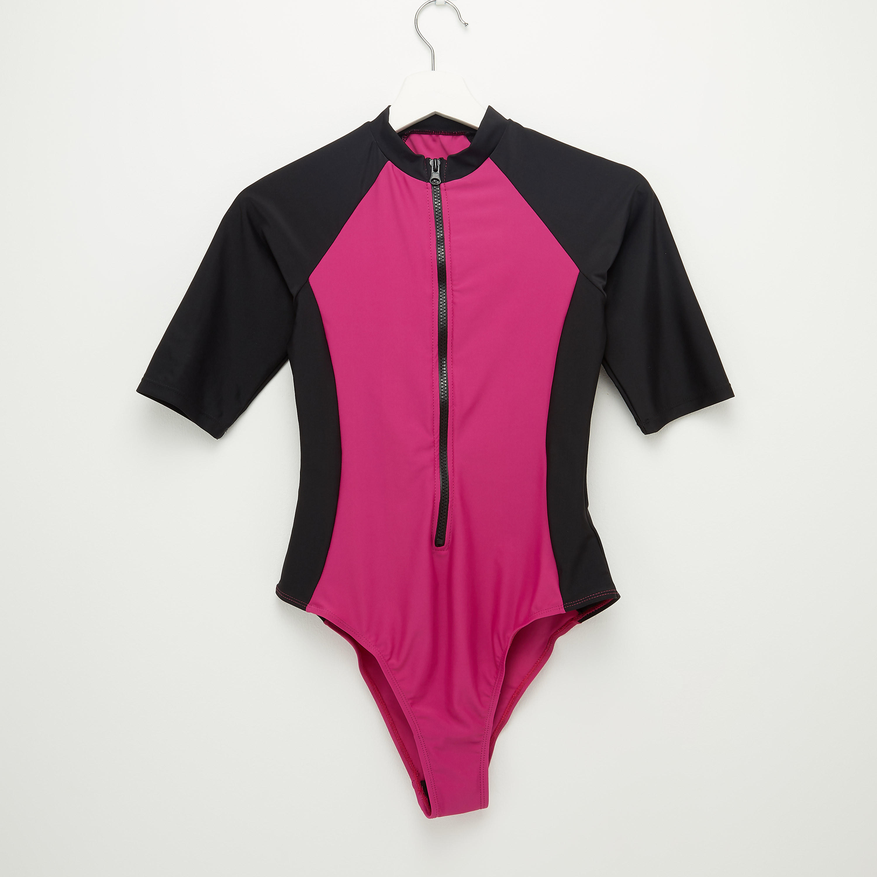 Plain Swimsuit with Raglan Sleeves and Zip Closure-women-clothing-swimandbeach-swimsuits-image-1