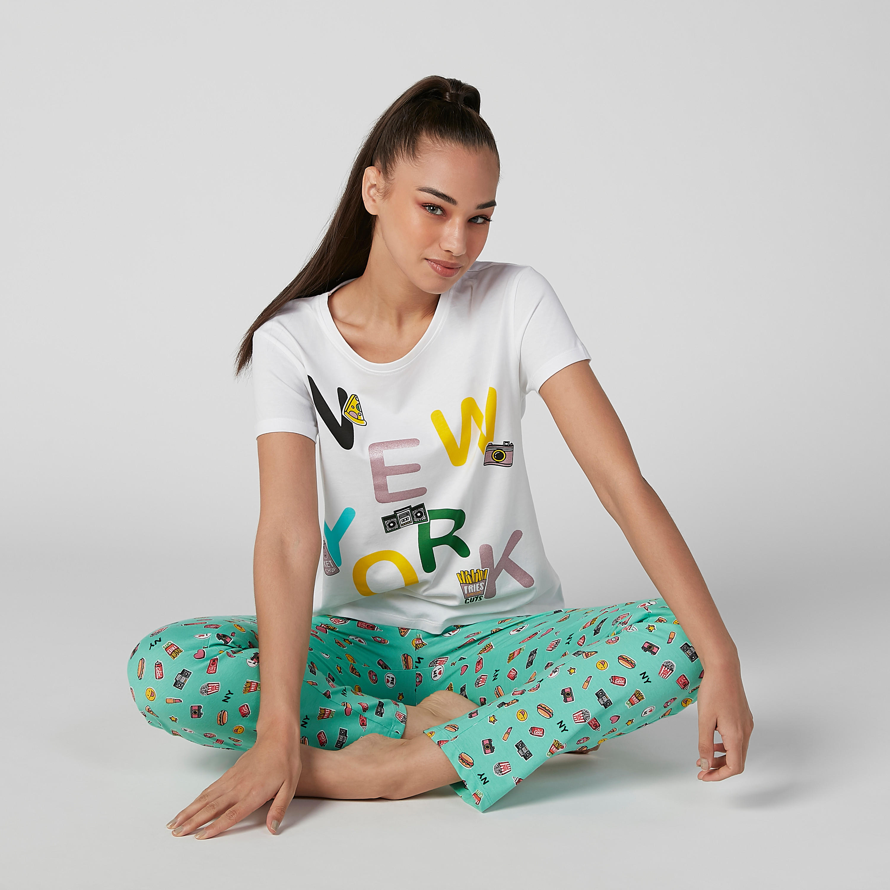 Printed Round Neck T-shirt and Full Length Pyjama Set-women-clothing-nightwear-pyjamas-longsets-image-1