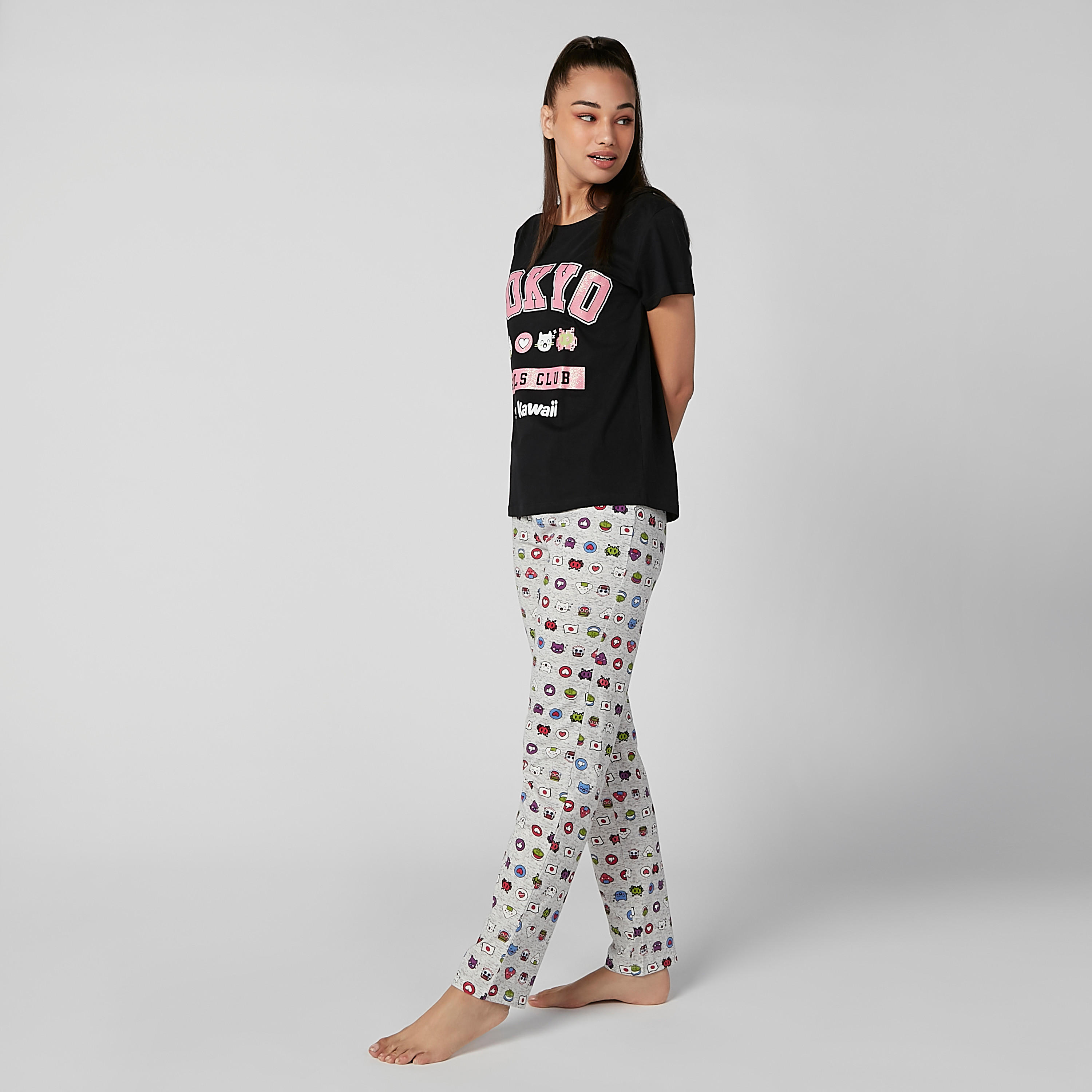 Printed Round Neck T-shirt and Full Length Pyjama Set-women-clothing-nightwear-pyjamas-longsets-image-1