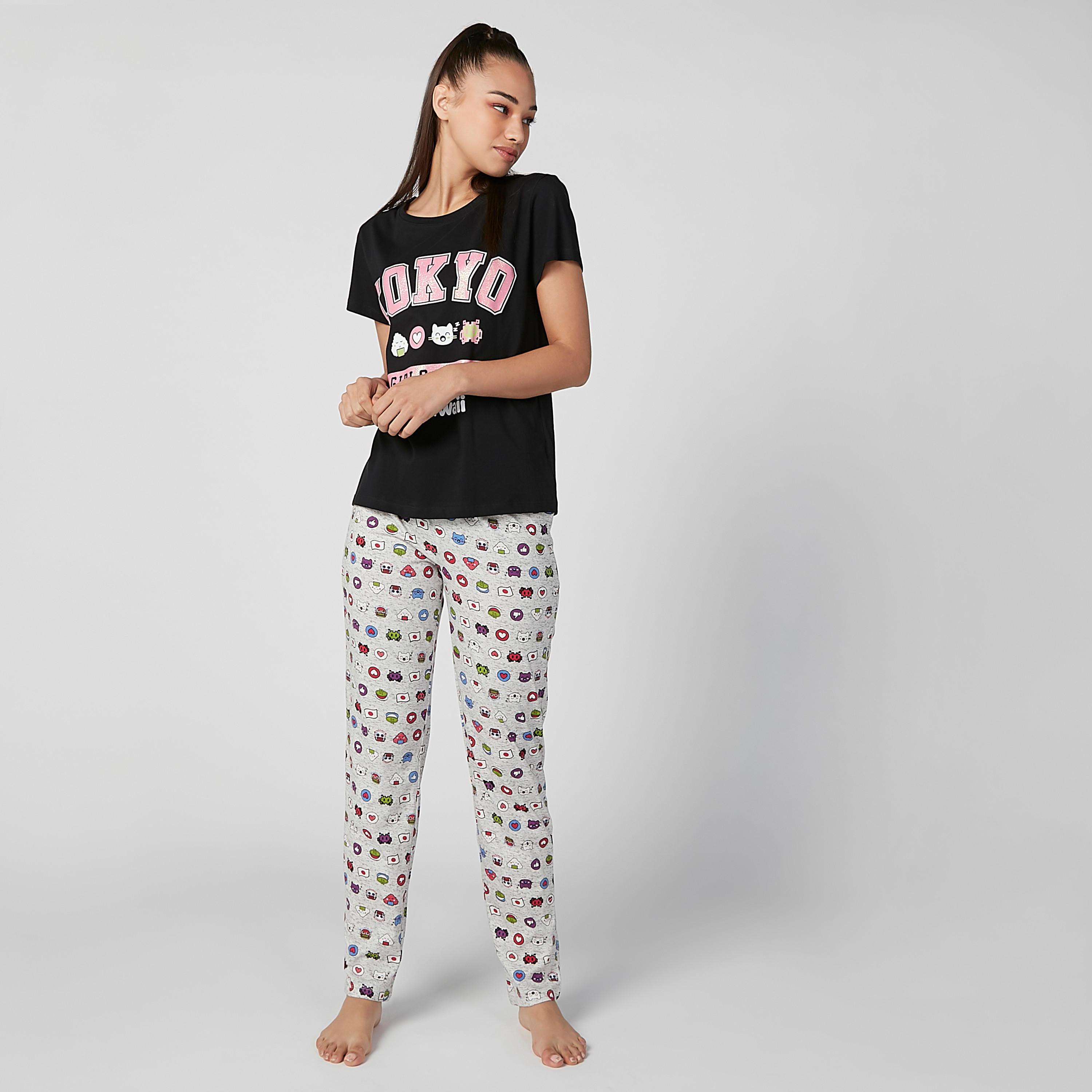 Printed Round Neck T-shirt and Full Length Pyjama Set-women-clothing-nightwear-pyjamas-longsets-image-2