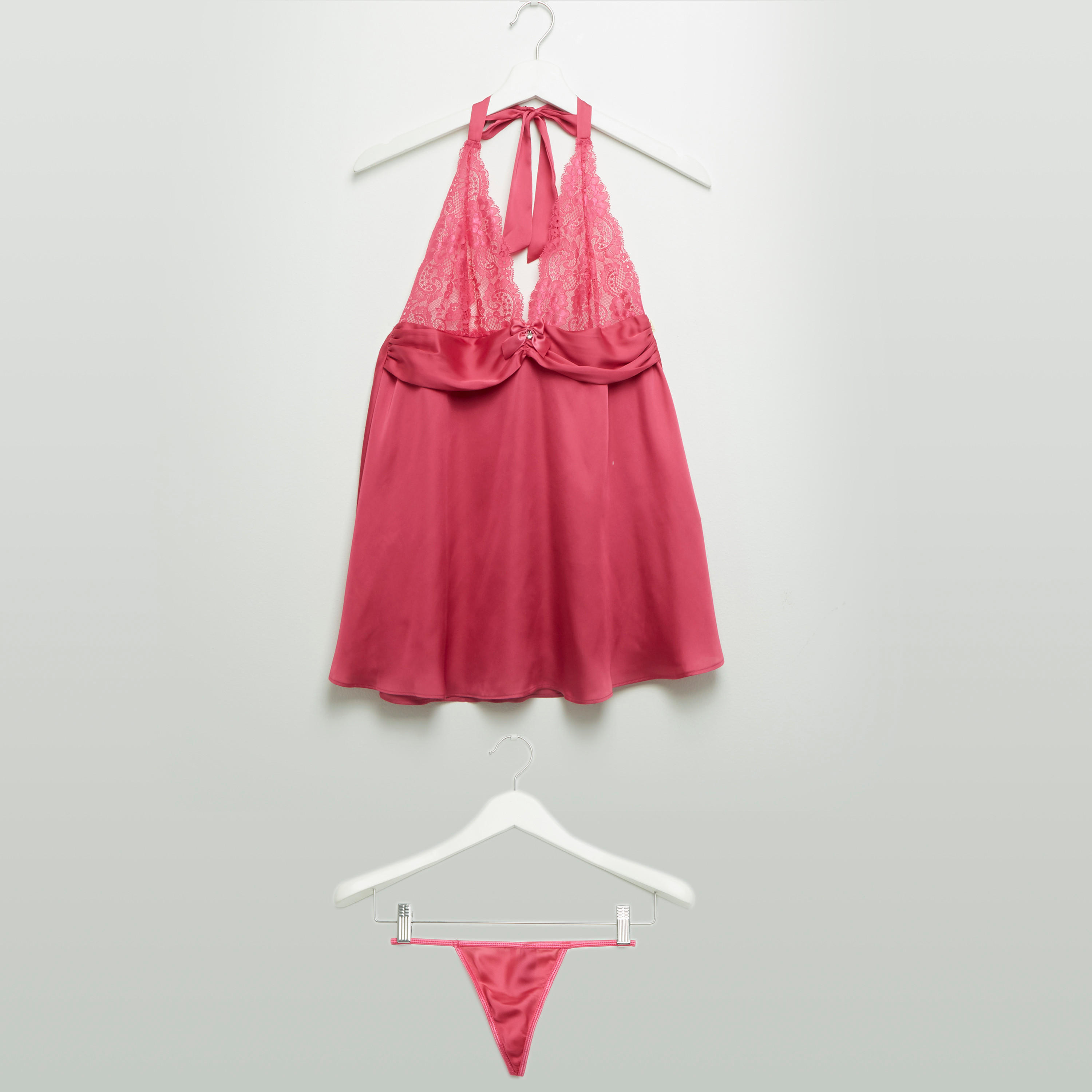 بيبي دول سادة بياقة هالتر وتفاصيل دانتيل مع ثونج-women-clothing-nightwear-pyjamas-longsets-image-1