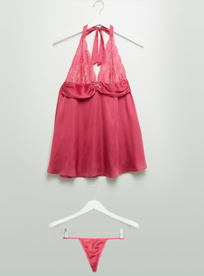 بيبي دول سادة بياقة هالتر وتفاصيل دانتيل مع ثونج-women-clothing-nightwear-pyjamas-longsets-image-1