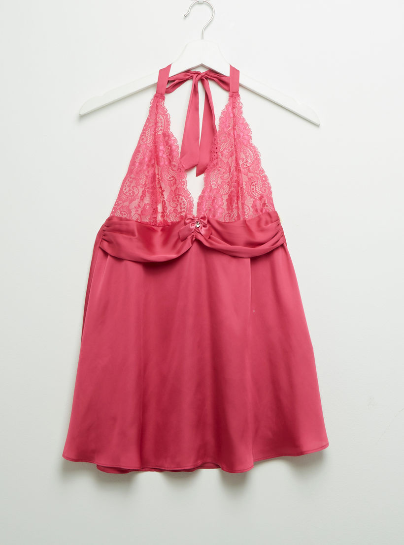 بيبي دول سادة بياقة هالتر وتفاصيل دانتيل مع ثونج-women-clothing-nightwear-pyjamas-longsets-image-2