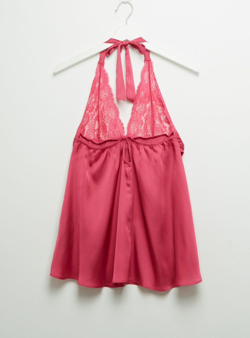بيبي دول سادة بياقة هالتر وتفاصيل دانتيل مع ثونج-women-clothing-nightwear-pyjamas-longsets-image-4
