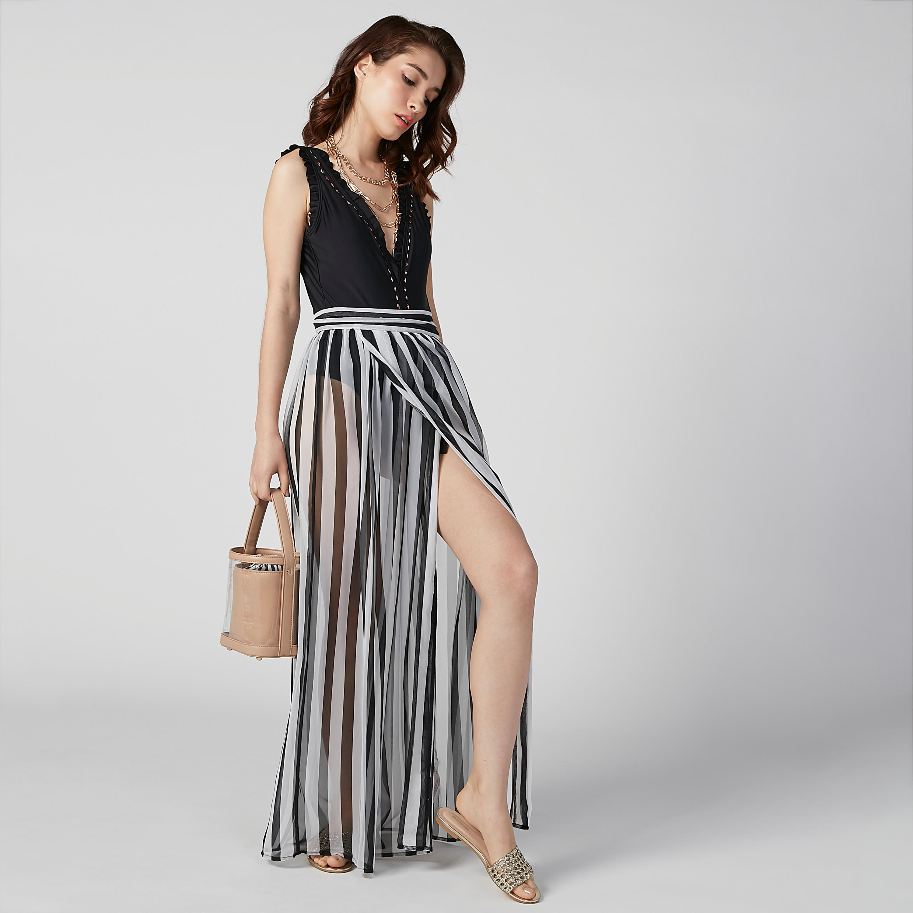 Striped Maxi A-line Skirt with Front Slit and Tie Ups-women-clothing-bottoms-skirts-image-1