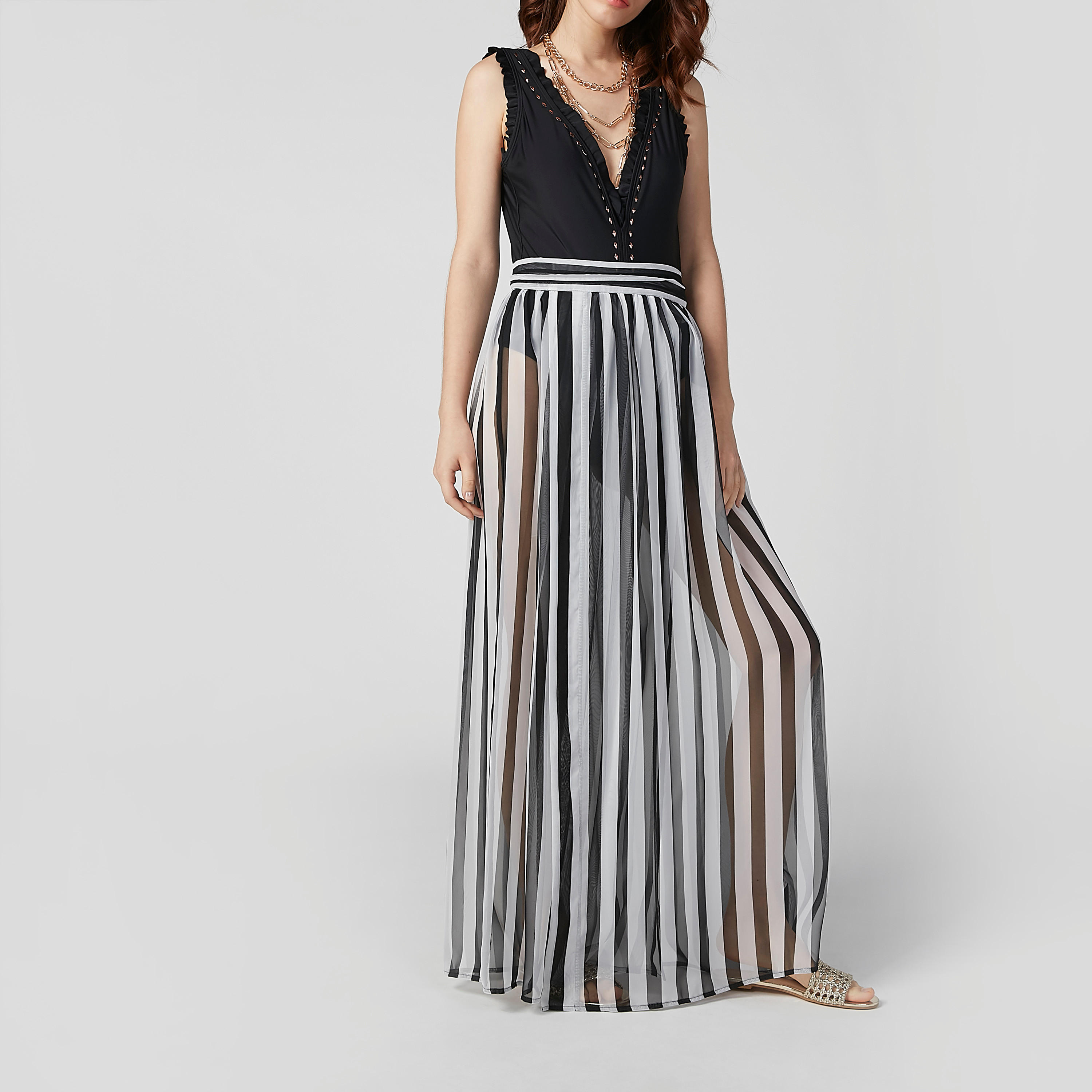 Striped Maxi A-line Skirt with Front Slit and Tie Ups-women-clothing-bottoms-skirts-image-2