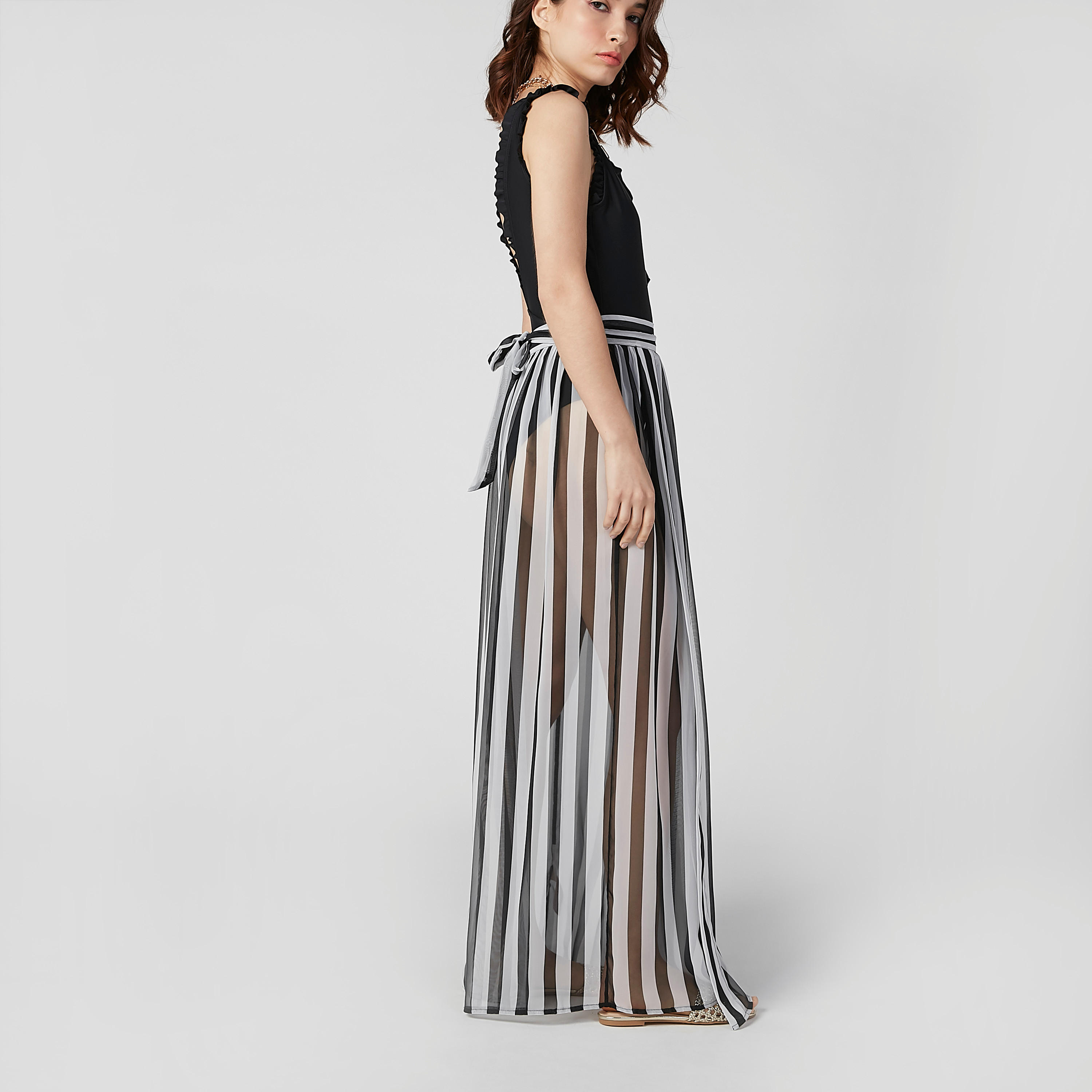 Striped Maxi A-line Skirt with Front Slit and Tie Ups-women-clothing-bottoms-skirts-image-3