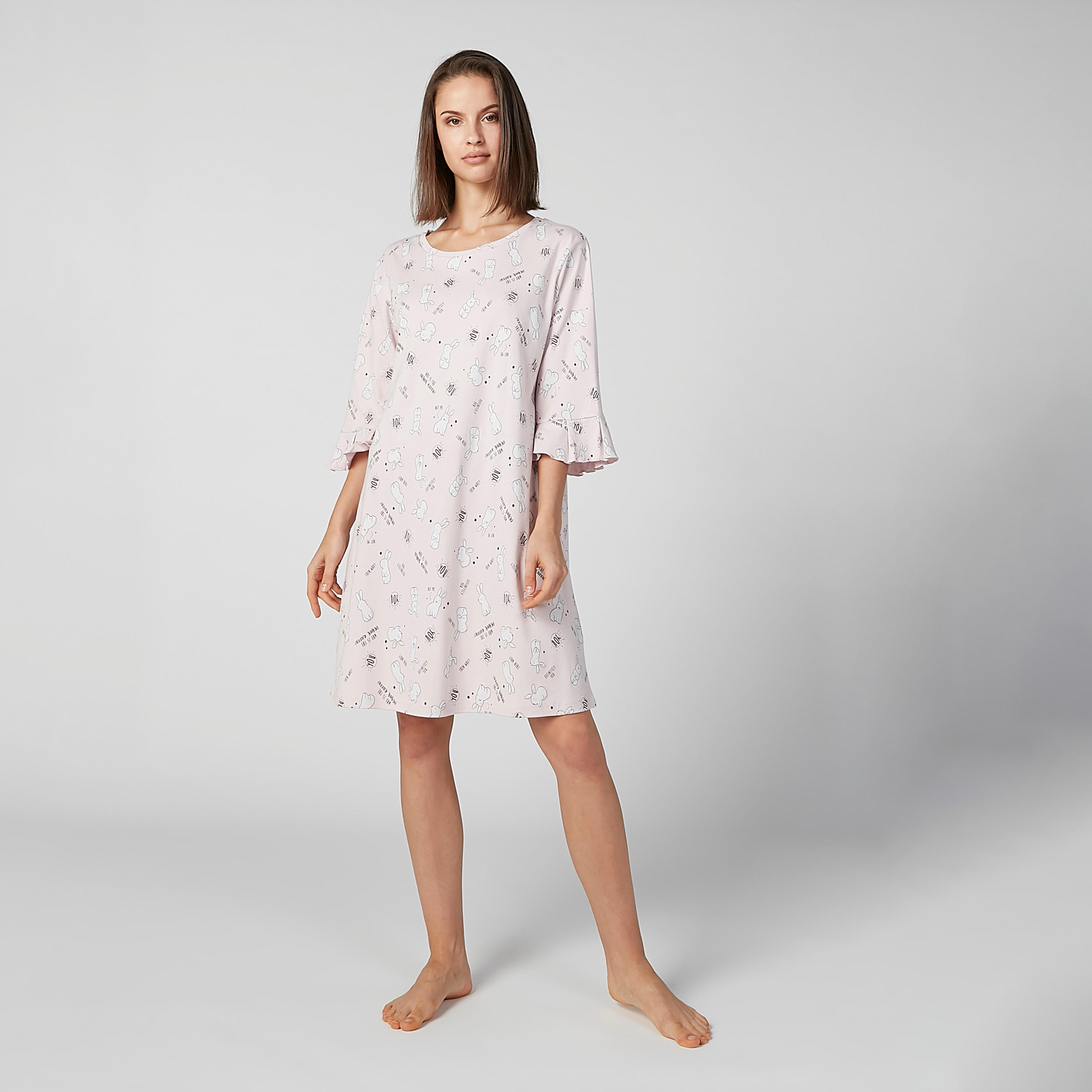 قميص نوم بياقة مستديرة وأكمام عريضة وطبعات-women-clothing-nightwear-nighties-image-3