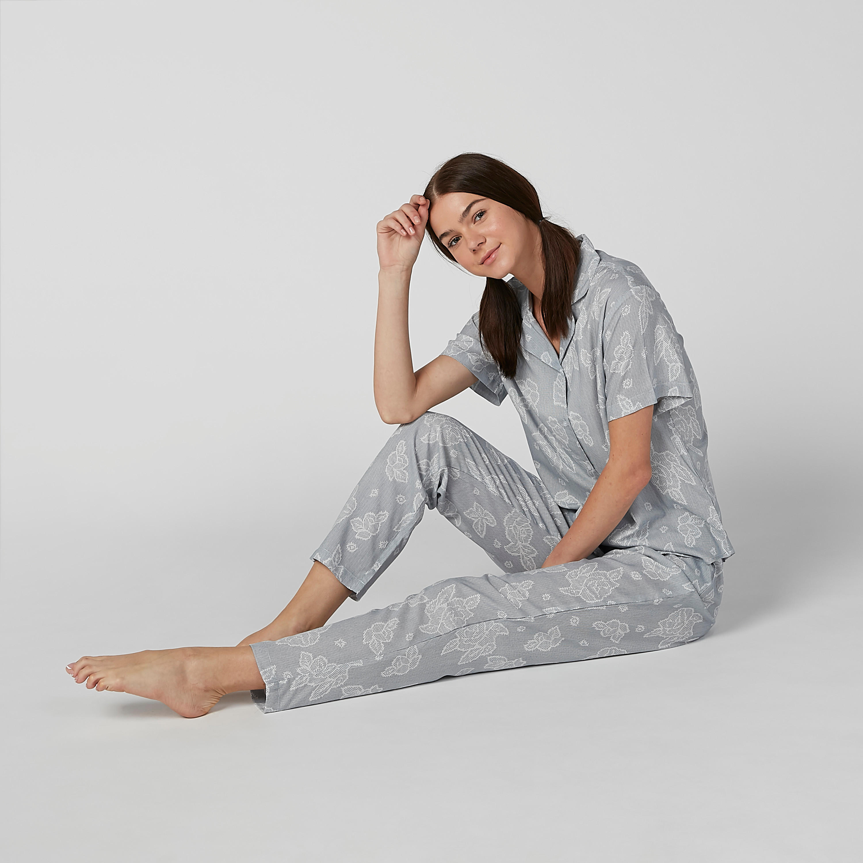 Printed Short Sleeves Shirt and Pyjama Set-women-clothing-nightwear-pyjamas-longsets-image-1