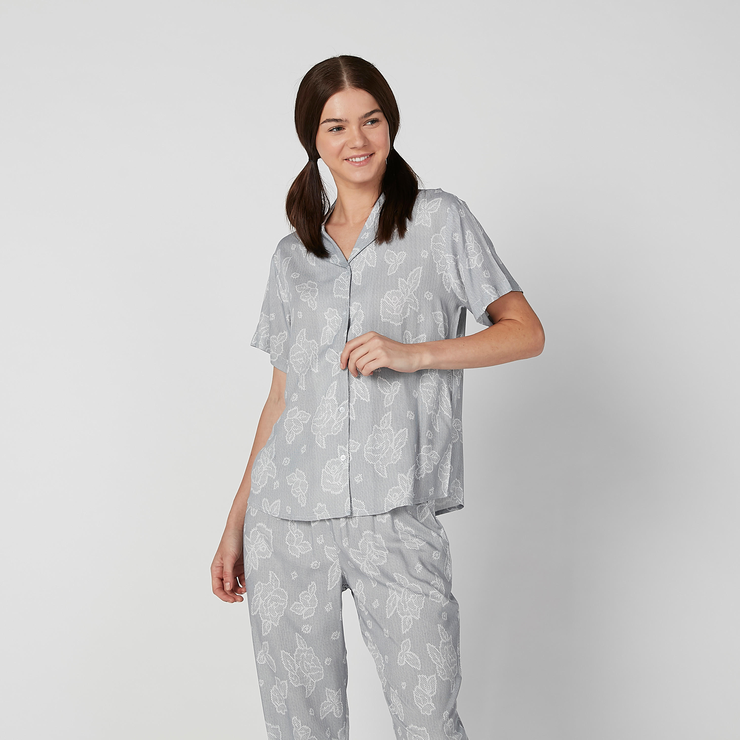 Printed Short Sleeves Shirt and Pyjama Set-women-clothing-nightwear-pyjamas-longsets-image-2