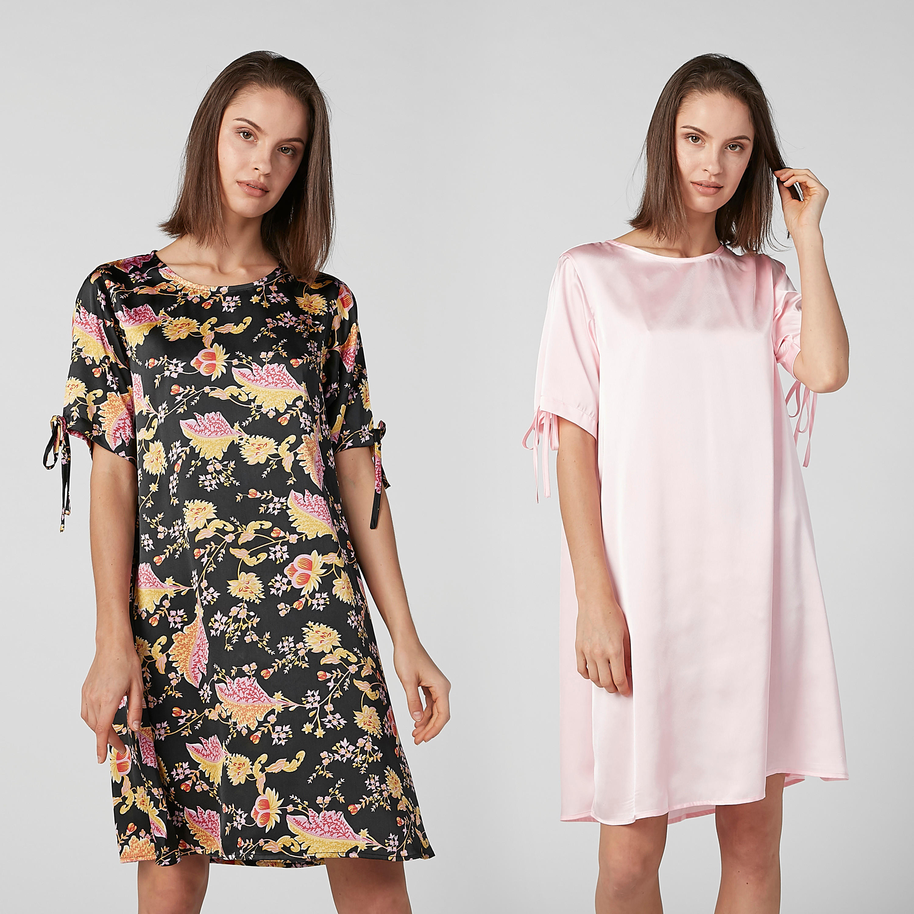 قميص نوم بياقة مستديرة وأكمام برباط - طقم من قطعتين-women-clothing-nightwear-nighties-image-1