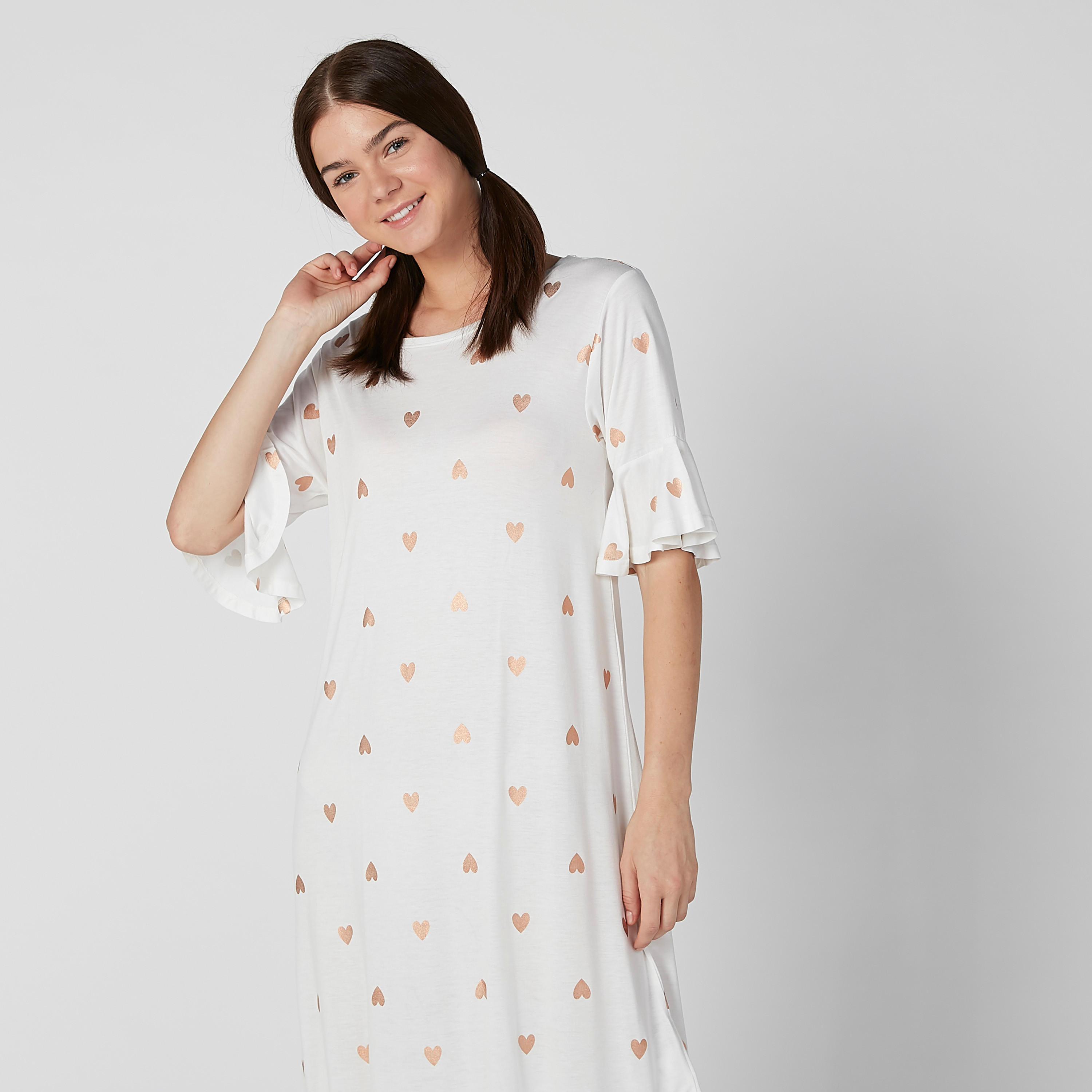 Printed Sleep Dress with Round Neck and Peplum Sleeves-women-clothing-nightwear-nighties-image-4