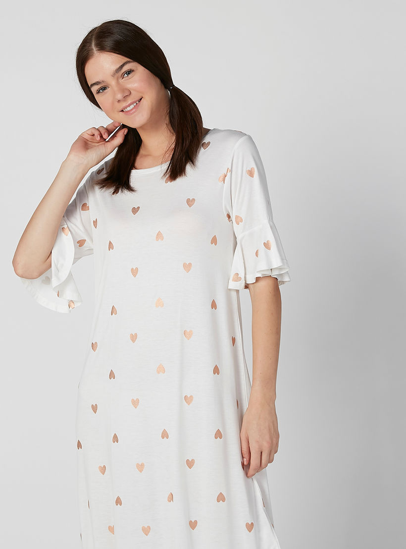 Printed Sleep Dress with Round Neck and Peplum Sleeves-women-clothing-nightwear-nighties-image-4