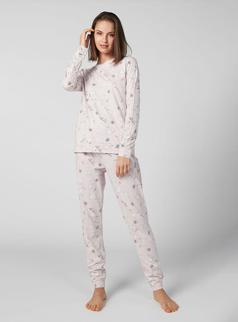 Printed T-shirt with Full Length Pyjamas-women-clothing-nightwear-pyjamas-longsets-image-1
