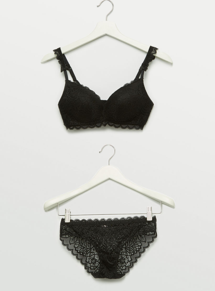 طقم سراويل داخلية وصدريّة ديمي مبطّنة بتفاصيل دانتيل-women-clothing-lingerie-lingeriesets-image-1