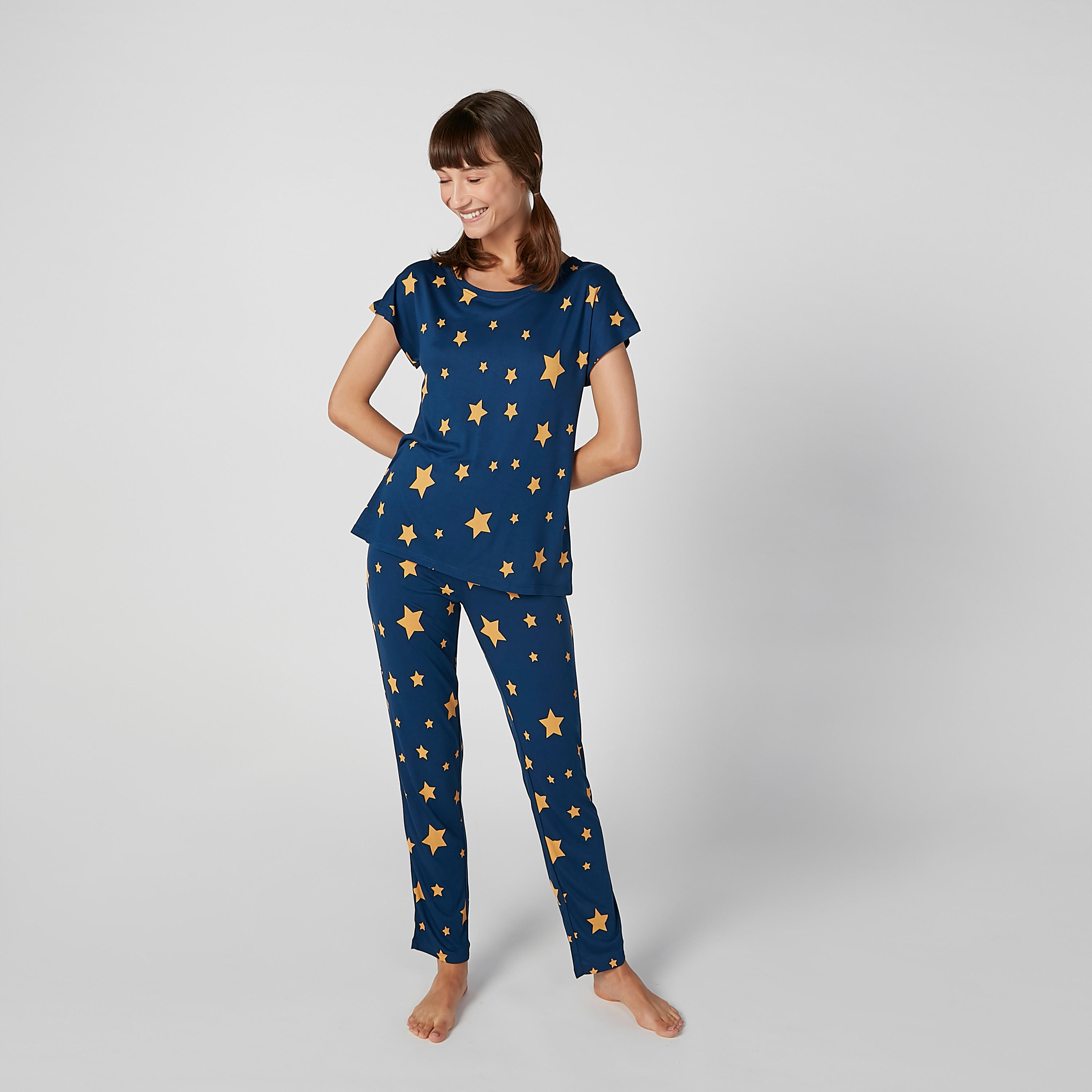 Printed T-shirt with Round Neck and Full Length Pyjama Set-women-clothing-nightwear-pyjamas-longsets-image-1