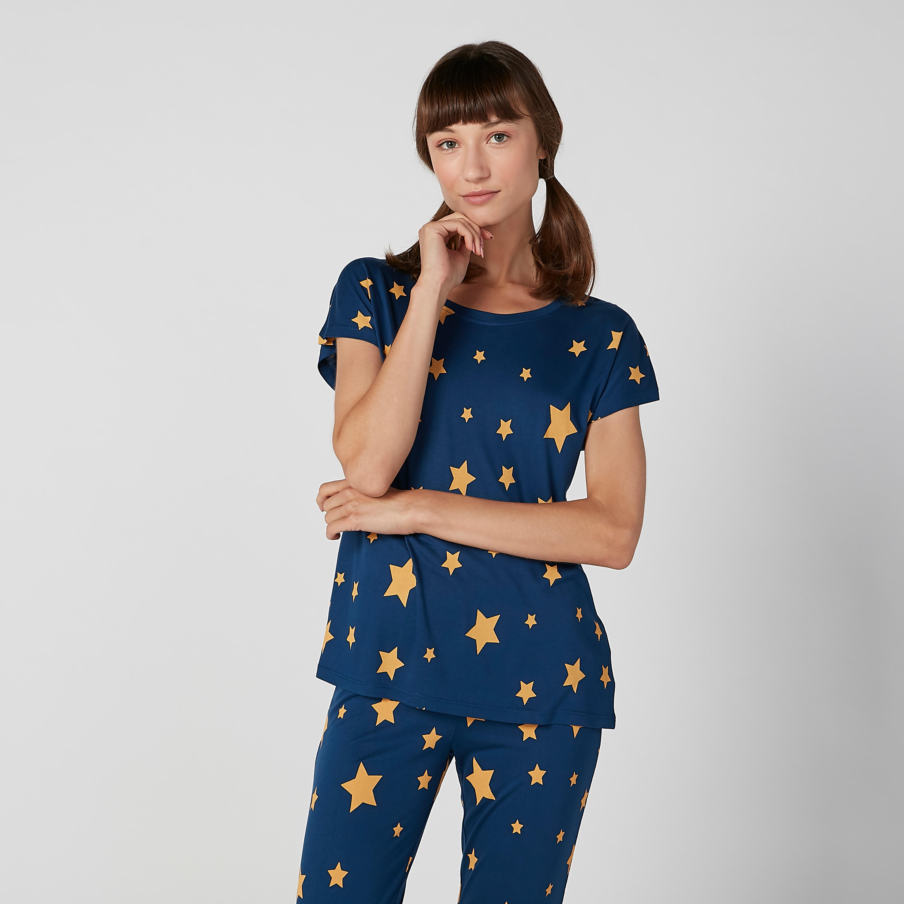 Printed T-shirt with Round Neck and Full Length Pyjama Set-women-clothing-nightwear-pyjamas-longsets-image-3