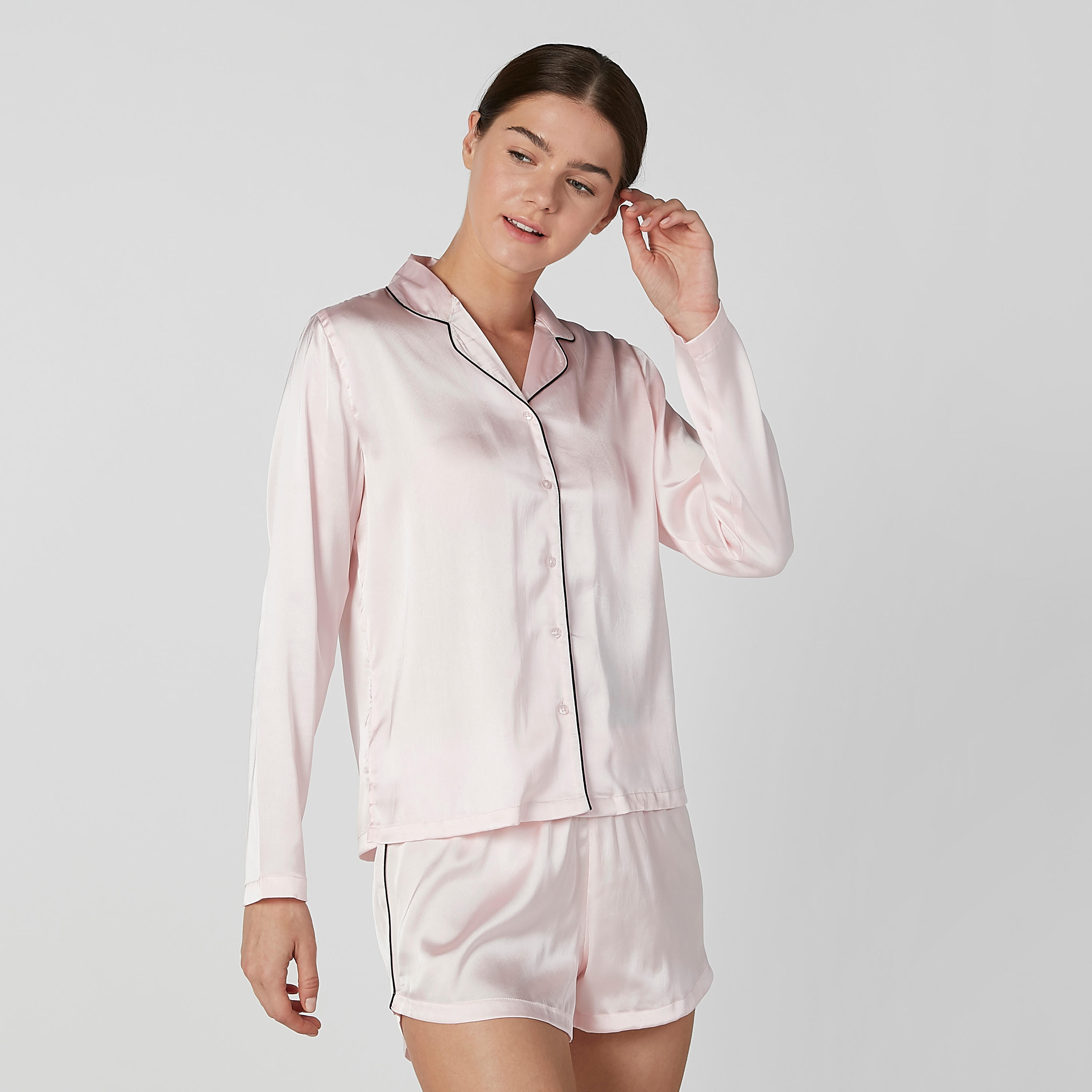 Plain Long Sleeves Shirt with Shorts Set-women-clothing-nightwear-pyjamas-longsets-image-1