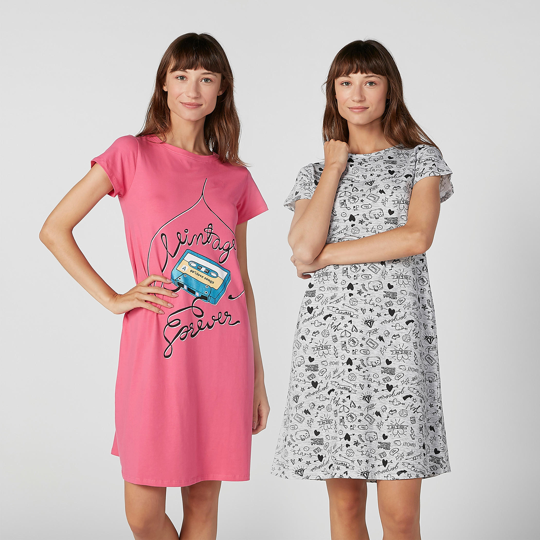 قميص نوم بياقة مستديرة وأكمام قصيرة وطبعات - طقم من قطعتين-women-clothing-nightwear-pyjamas-longsets-image-1