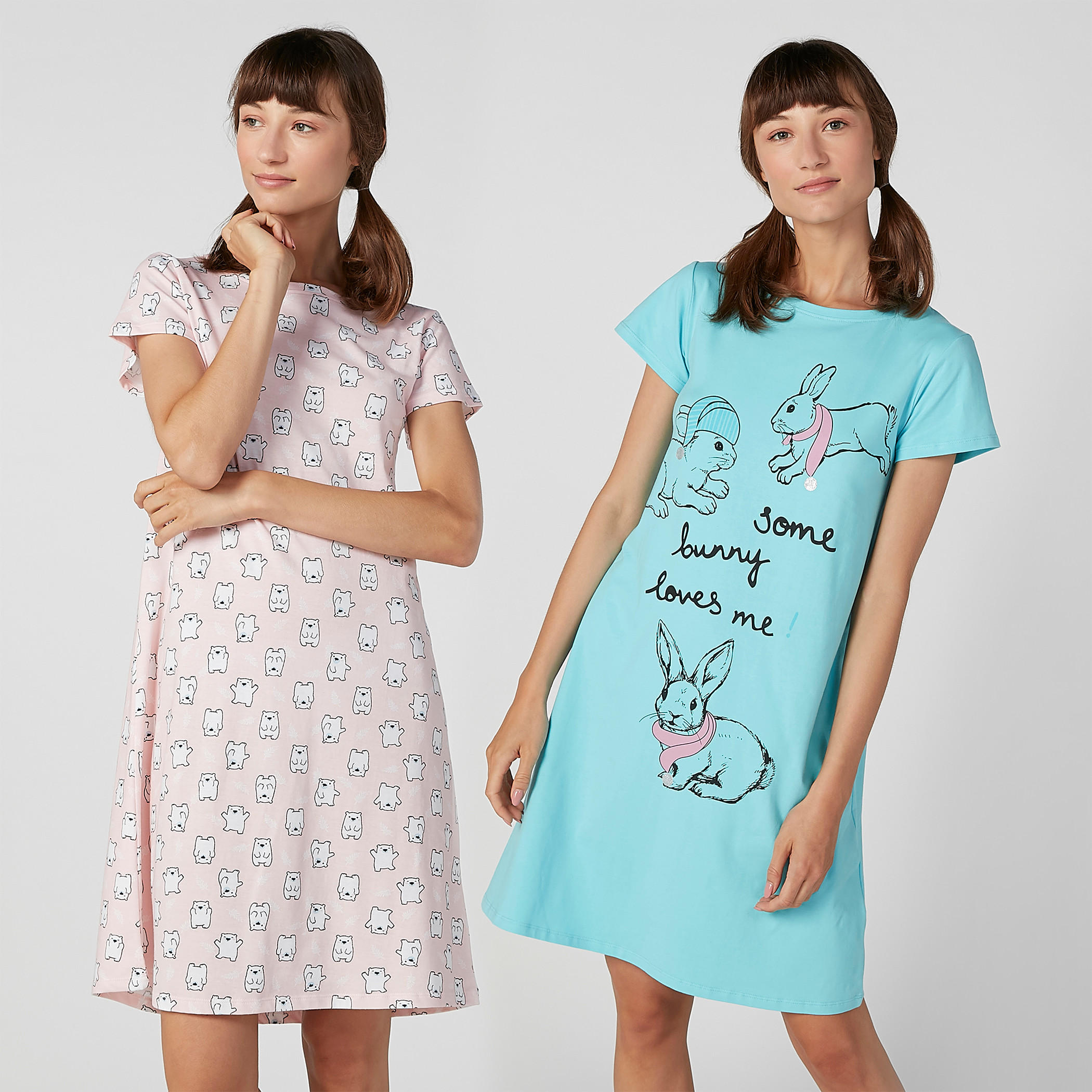 قميص نوم بياقة مستديرة وأكمام قصيرة وطبعات - طقم من قطعتين-women-clothing-nightwear-pyjamas-longsets-image-1