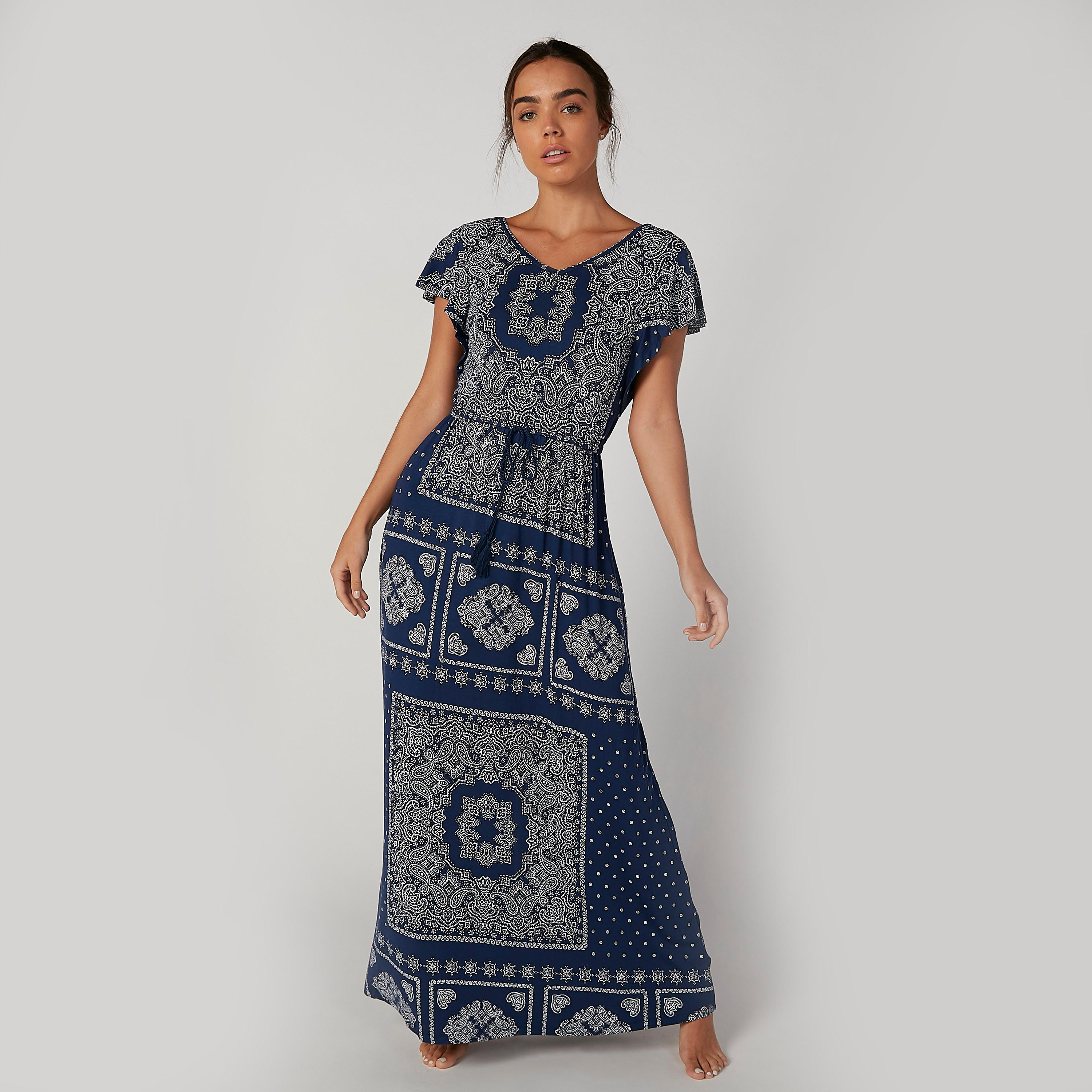 قميص نوم طويل بياقة V وأربطة وطبعات-women-clothing-nightwear-nighties-image-3