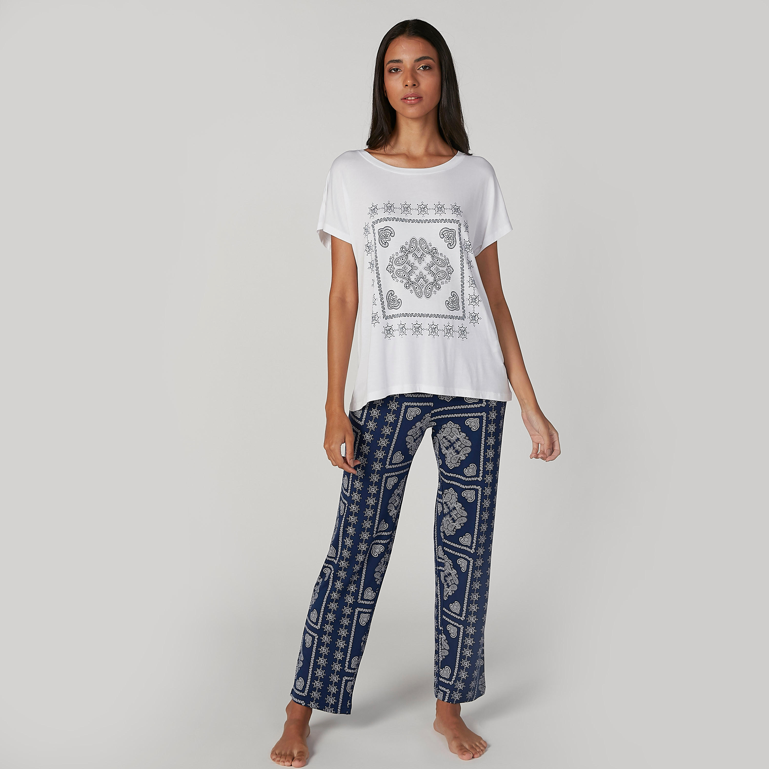 Printed Round Neck T-shirt and Full Length Pyjama Set-women-clothing-nightwear-pyjamas-longsets-image-1