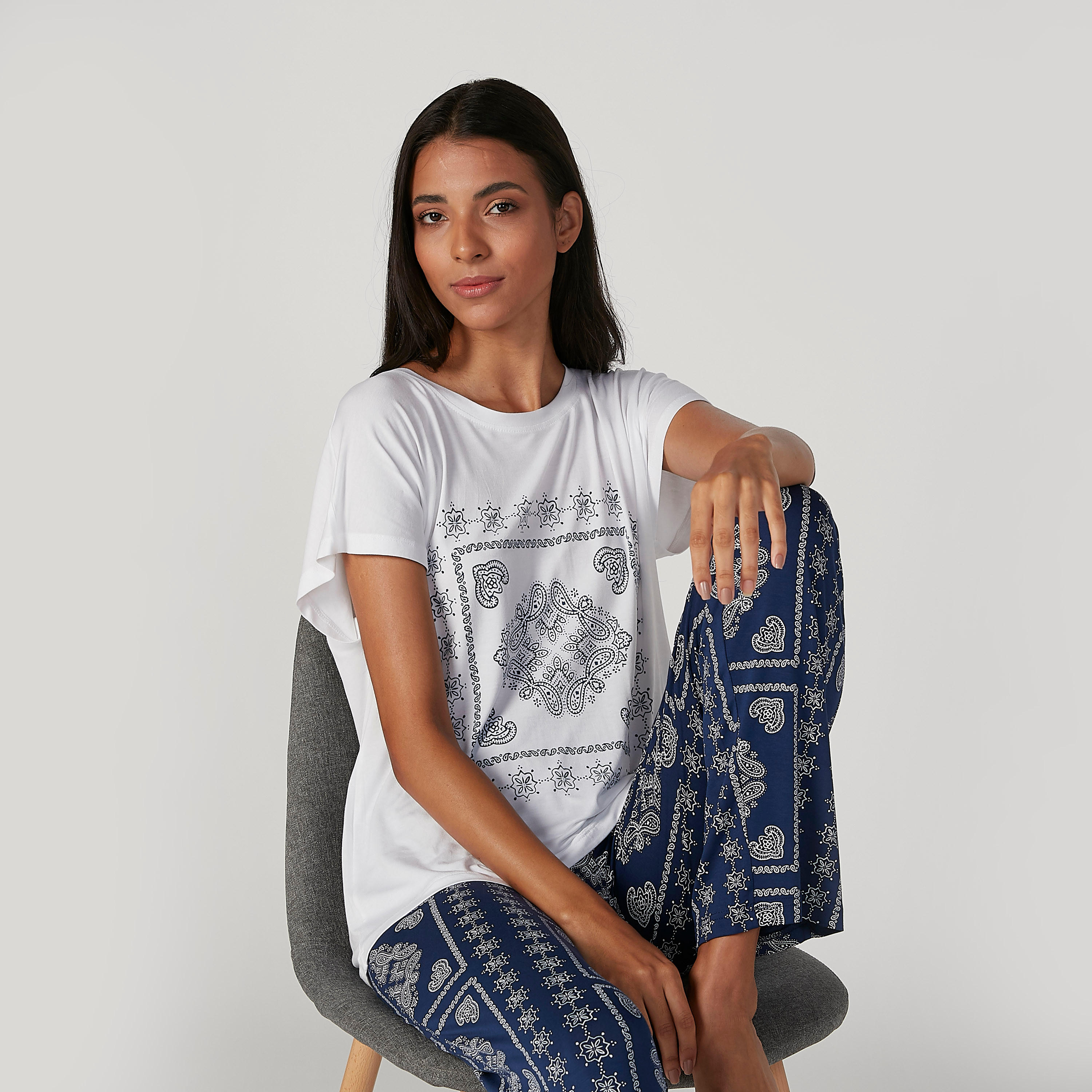 Printed Round Neck T-shirt and Full Length Pyjama Set-women-clothing-nightwear-pyjamas-longsets-image-3
