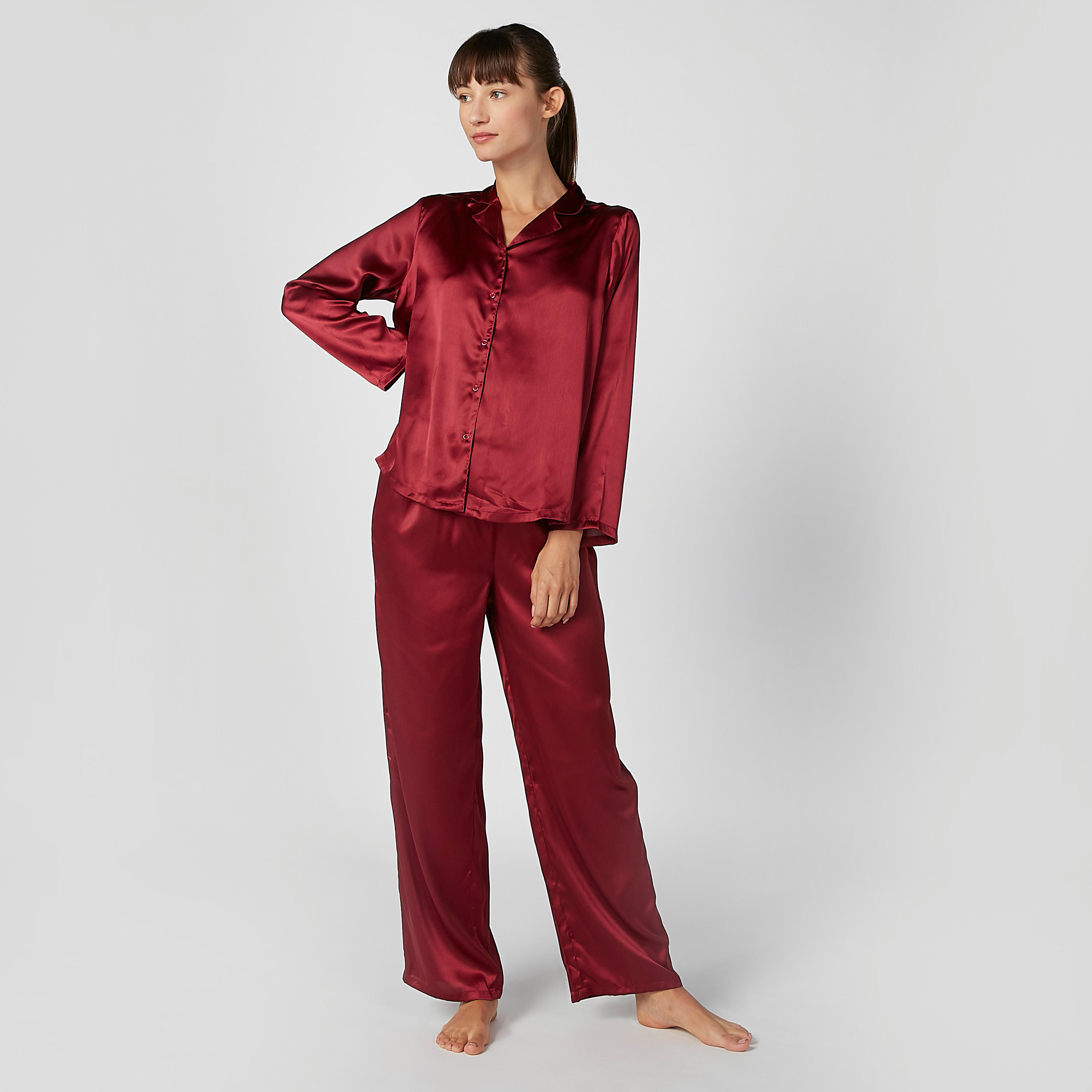 Plain Long Sleeves Shirt and Full Length Pyjama Set-women-clothing-nightwear-pyjamas-longsets-image-1