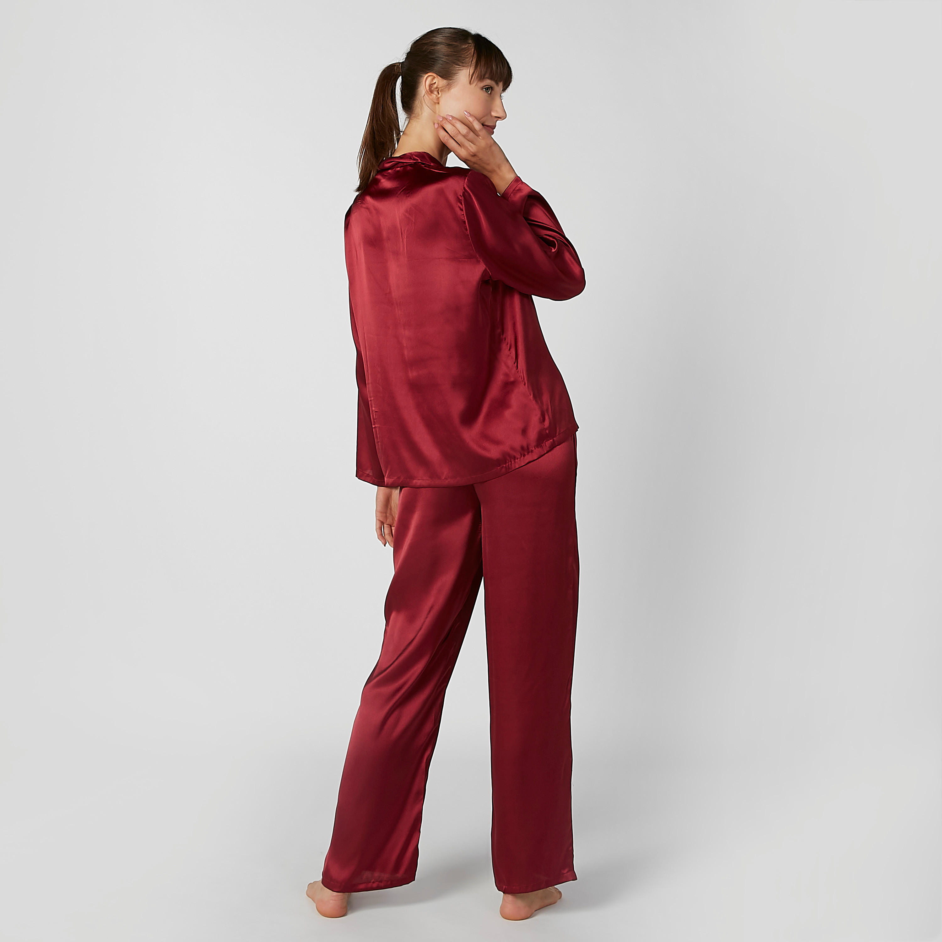 Plain Long Sleeves Shirt and Full Length Pyjama Set-women-clothing-nightwear-pyjamas-longsets-image-2