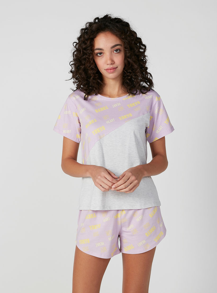 Printed Round Neck T-shirt with Shorts-women-clothing-nightwear-pyjamas-longsets-image-1