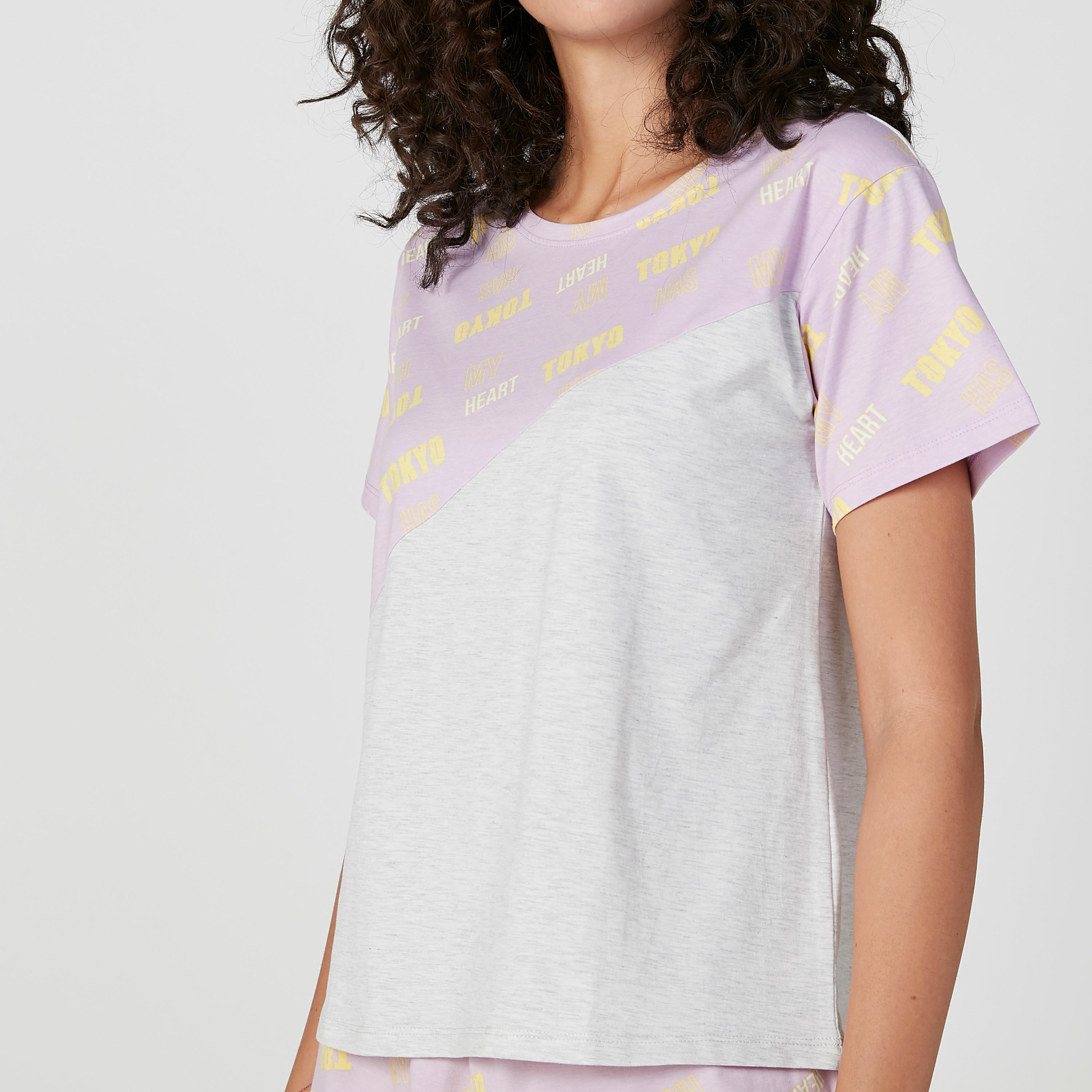 Printed Round Neck T-shirt with Shorts-women-clothing-nightwear-pyjamas-longsets-image-3