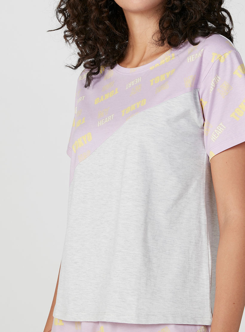 Printed Round Neck T-shirt with Shorts-women-clothing-nightwear-pyjamas-longsets-image-3