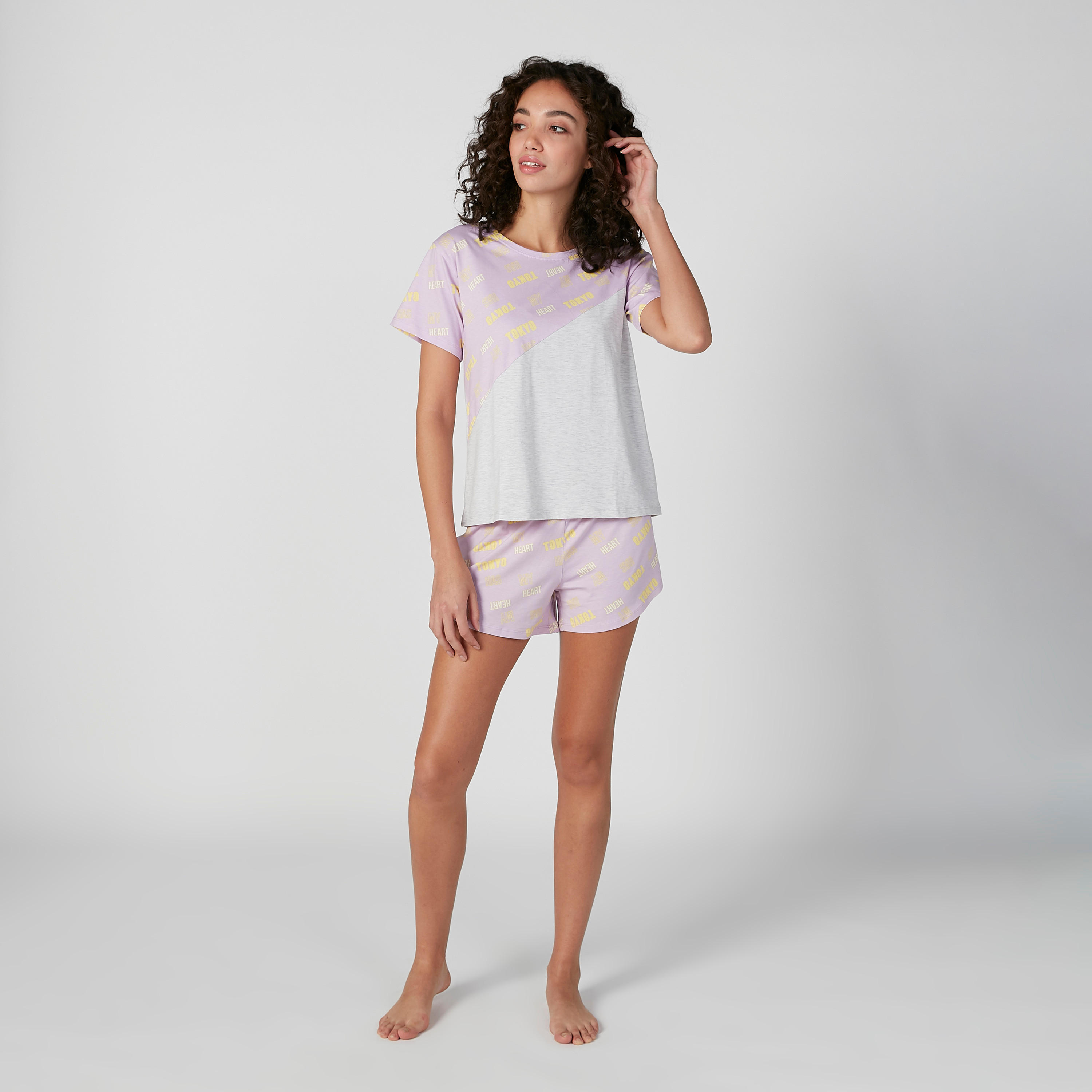 Printed Round Neck T-shirt with Shorts-women-clothing-nightwear-pyjamas-longsets-image-5