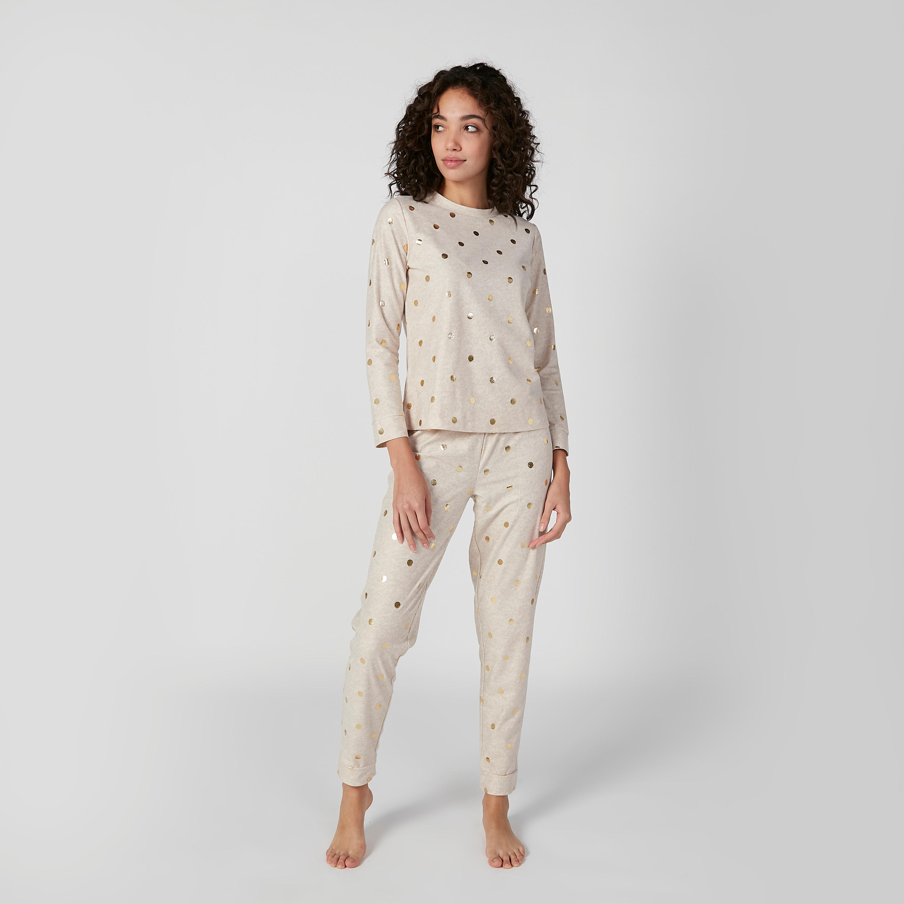 Polka Dot Printed T-shirt and Full Length Pyjama Set-women-clothing-nightwear-pyjamas-longsets-image-1