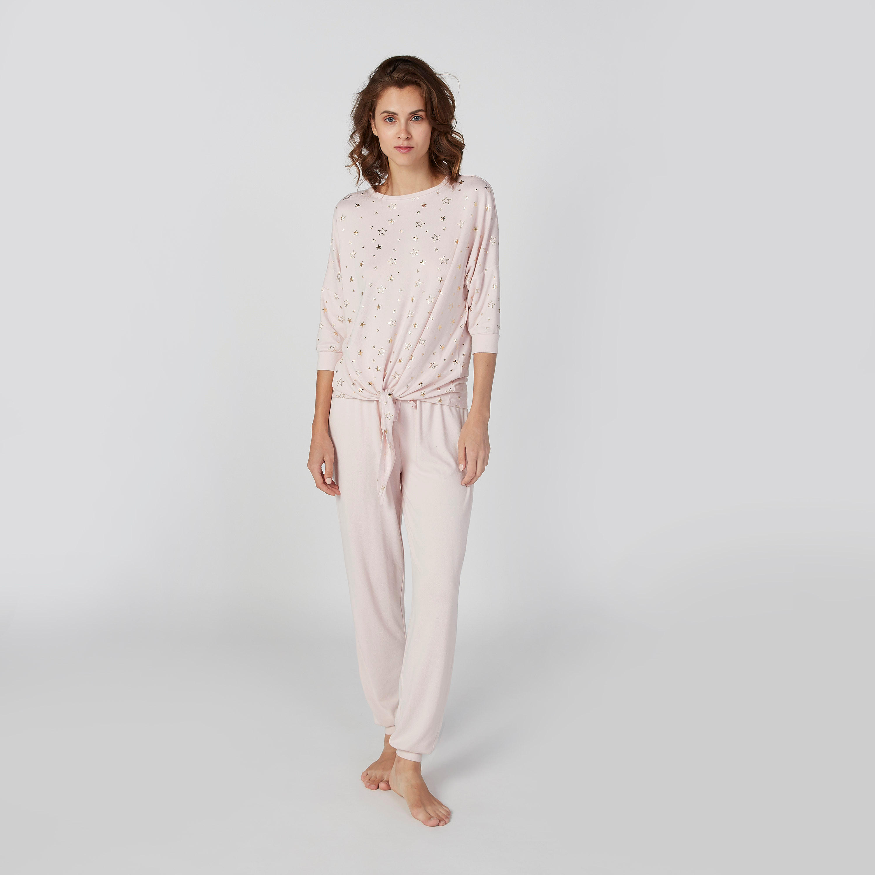 طقم بنطال رياضي طويل سادة وتيشيرت بأكمام 4/3-women-clothing-nightwear-pyjamas-longsets-image-1
