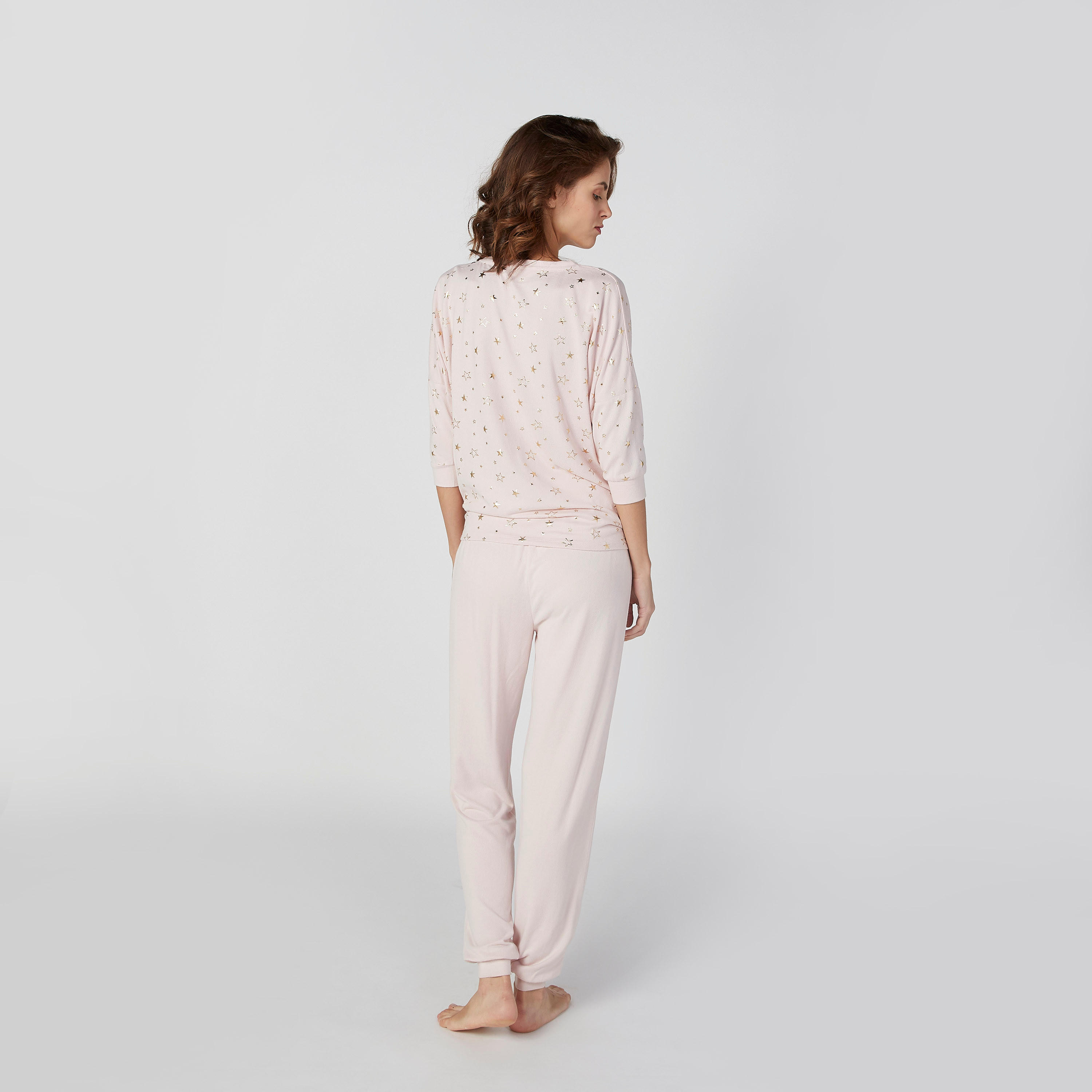طقم بنطال رياضي طويل سادة وتيشيرت بأكمام 4/3-women-clothing-nightwear-pyjamas-longsets-image-2