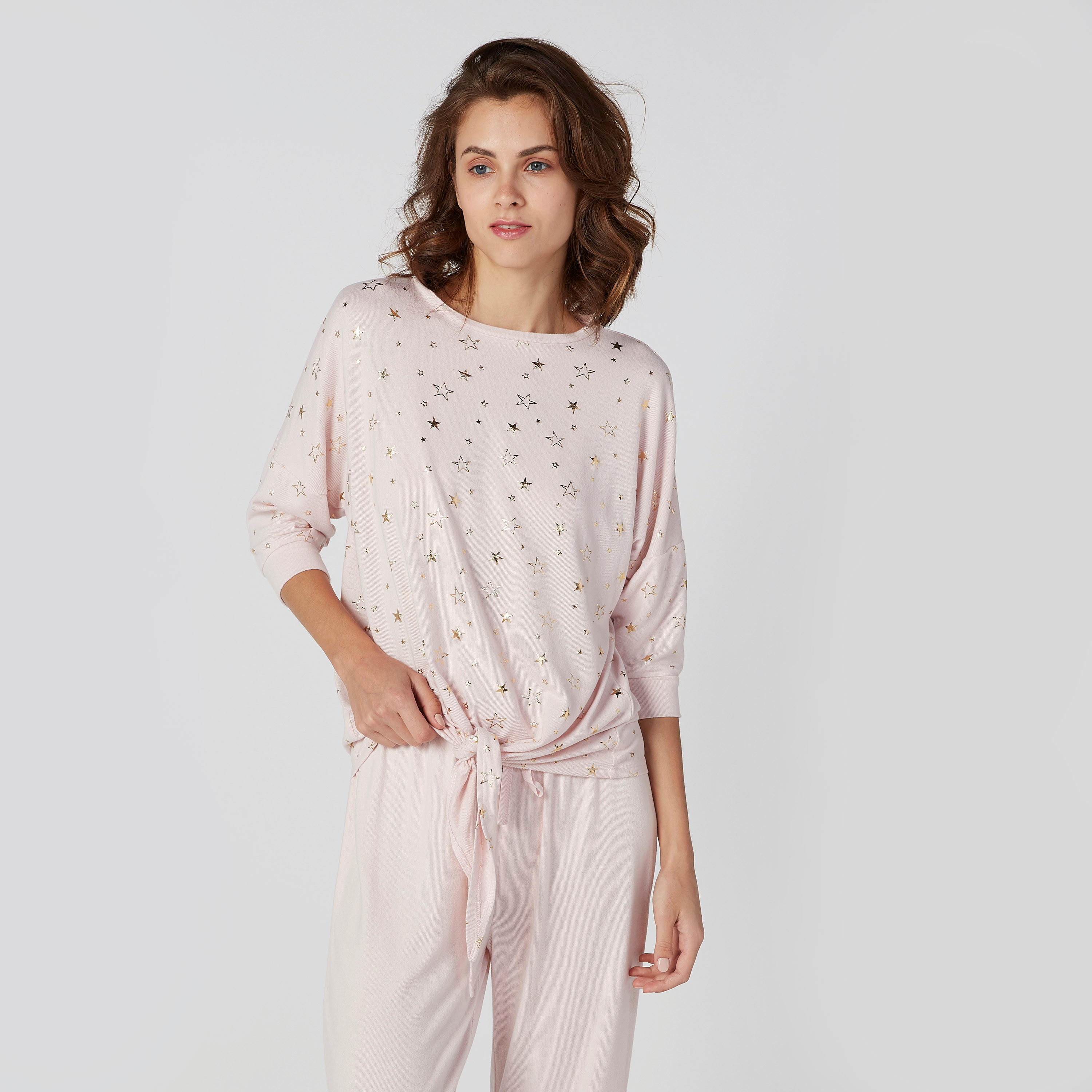طقم بنطال رياضي طويل سادة وتيشيرت بأكمام 4/3-women-clothing-nightwear-pyjamas-longsets-image-4