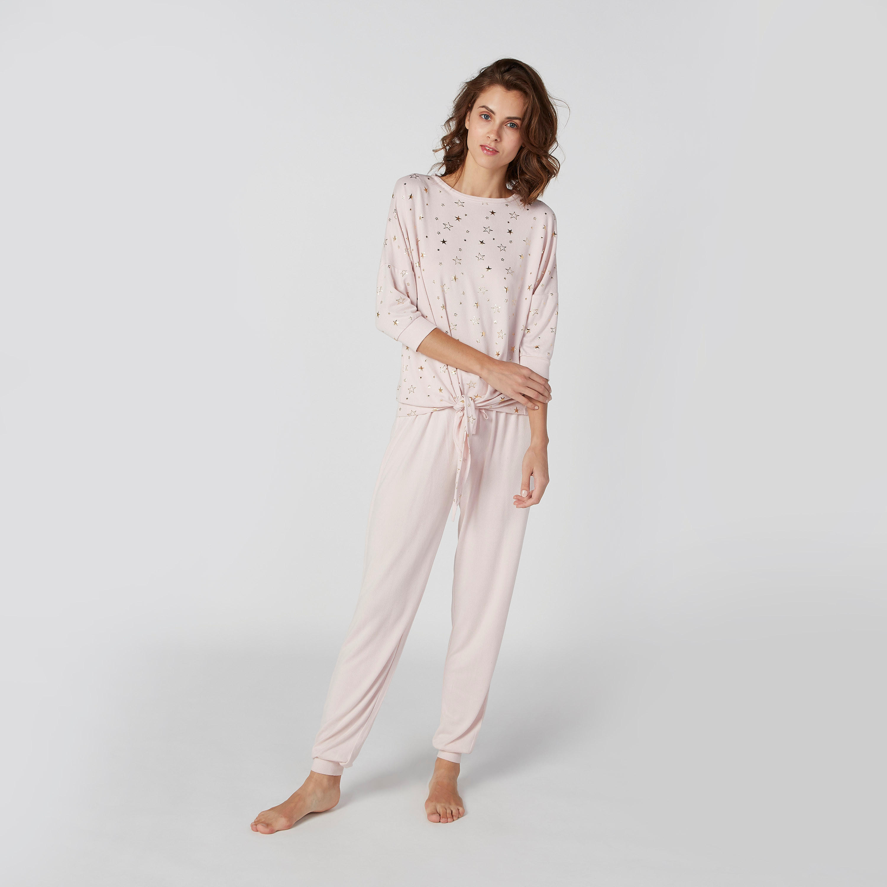 طقم بنطال رياضي طويل سادة وتيشيرت بأكمام 4/3-women-clothing-nightwear-pyjamas-longsets-image-5