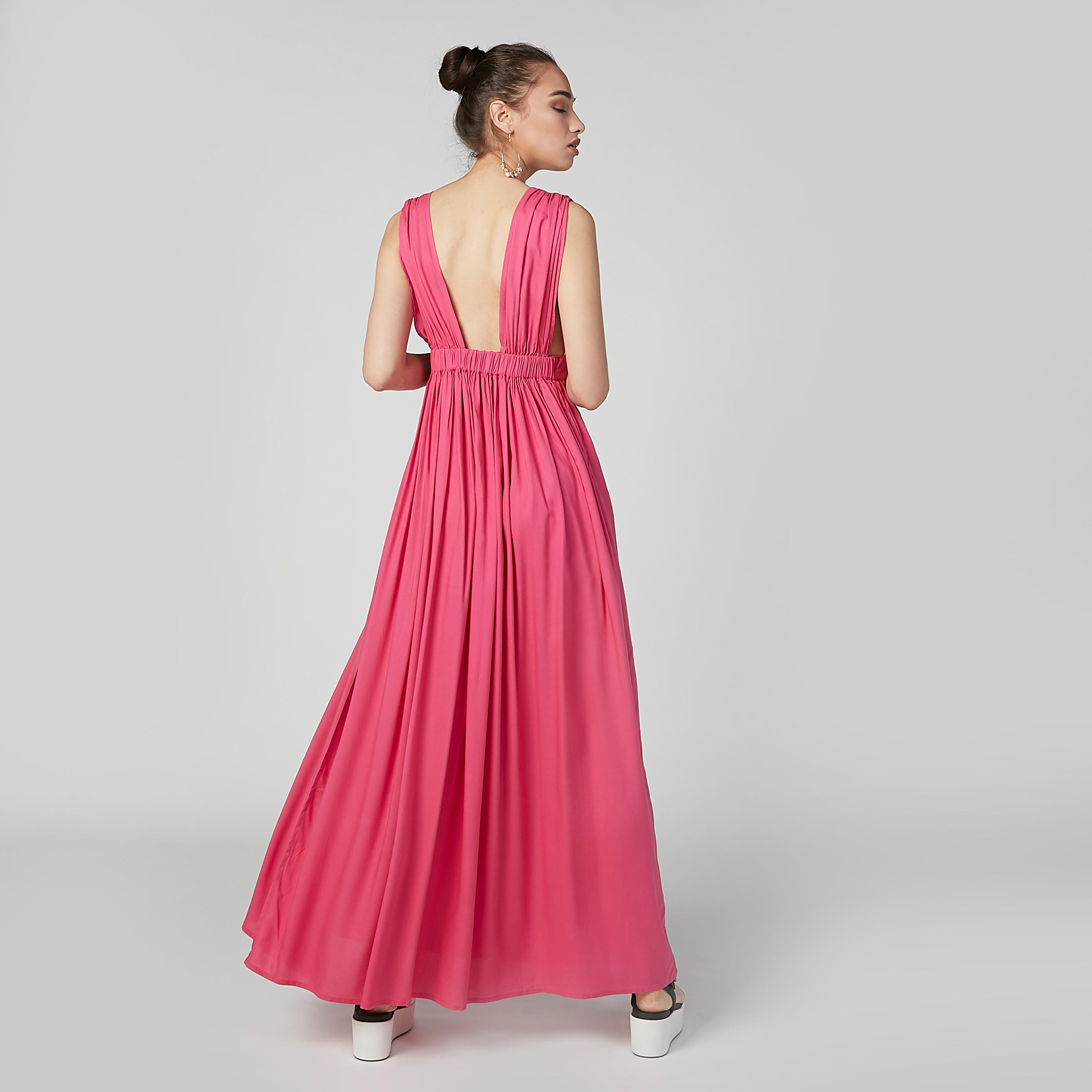 فستان سادة طويل دون أكمام بياقة V وفتحة جانبية-women-clothing-dresses-image-2