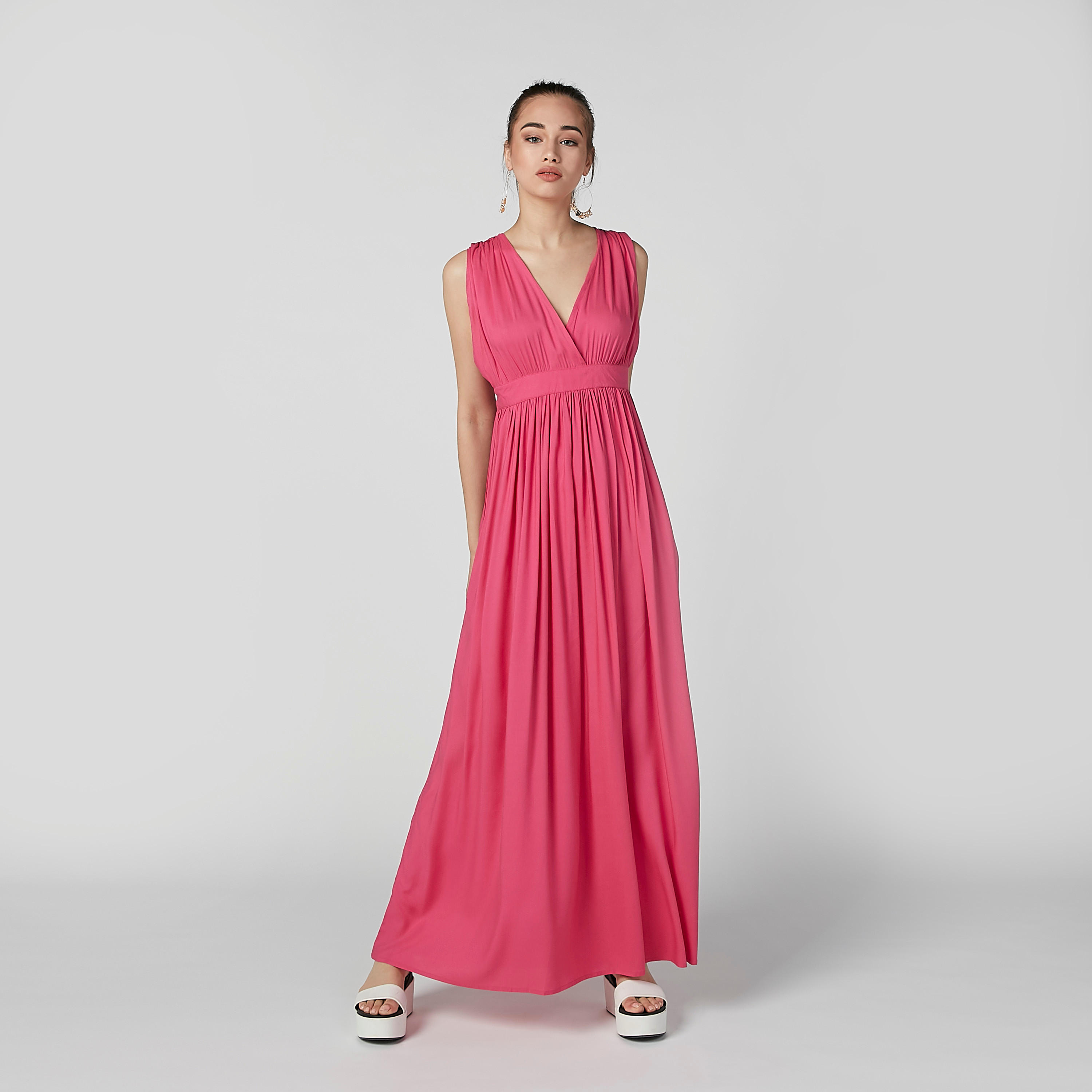 فستان سادة طويل دون أكمام بياقة V وفتحة جانبية-women-clothing-dresses-image-4