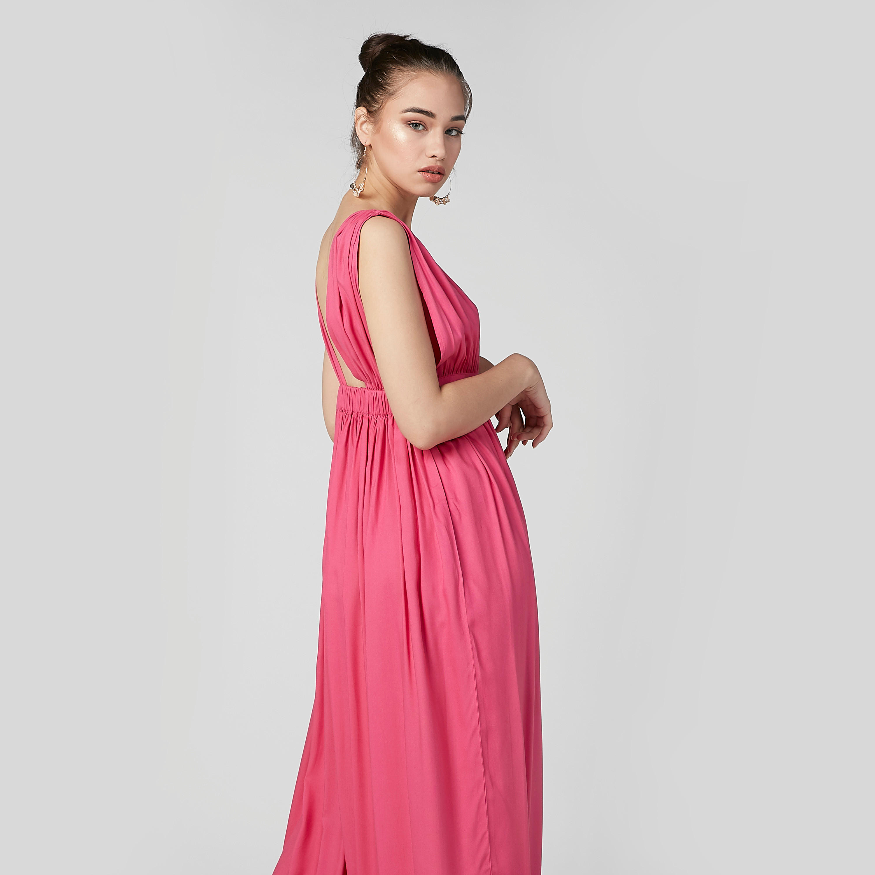فستان سادة طويل دون أكمام بياقة V وفتحة جانبية-women-clothing-dresses-image-5