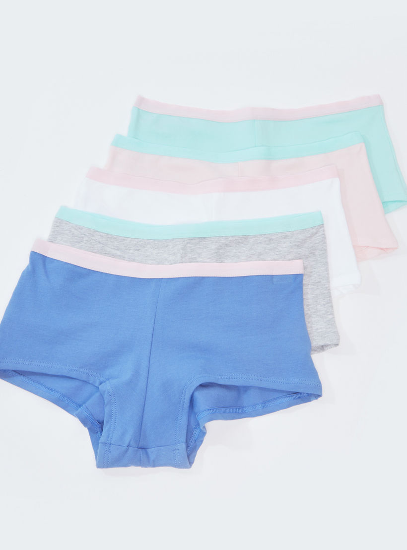 سراويل داخلية بوي شورت سادة بخصر مطّاطي عريض - طقم من 5 قطع-women-clothing-lingerie-panties-image-1