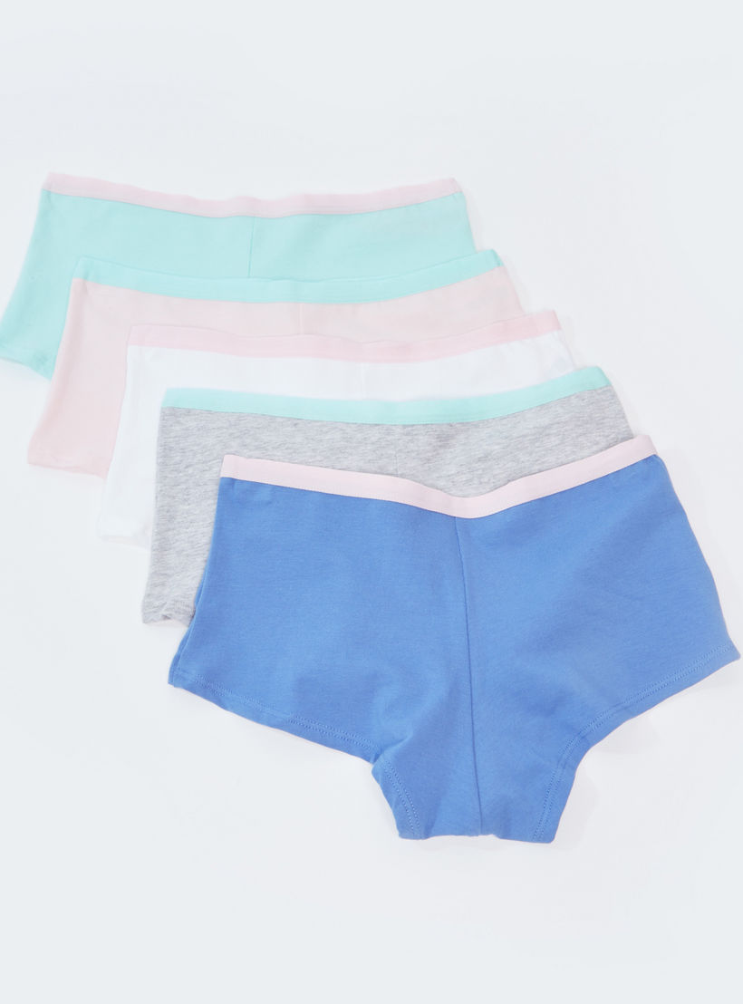 سراويل داخلية بوي شورت سادة بخصر مطّاطي عريض - طقم من 5 قطع-women-clothing-lingerie-panties-image-2