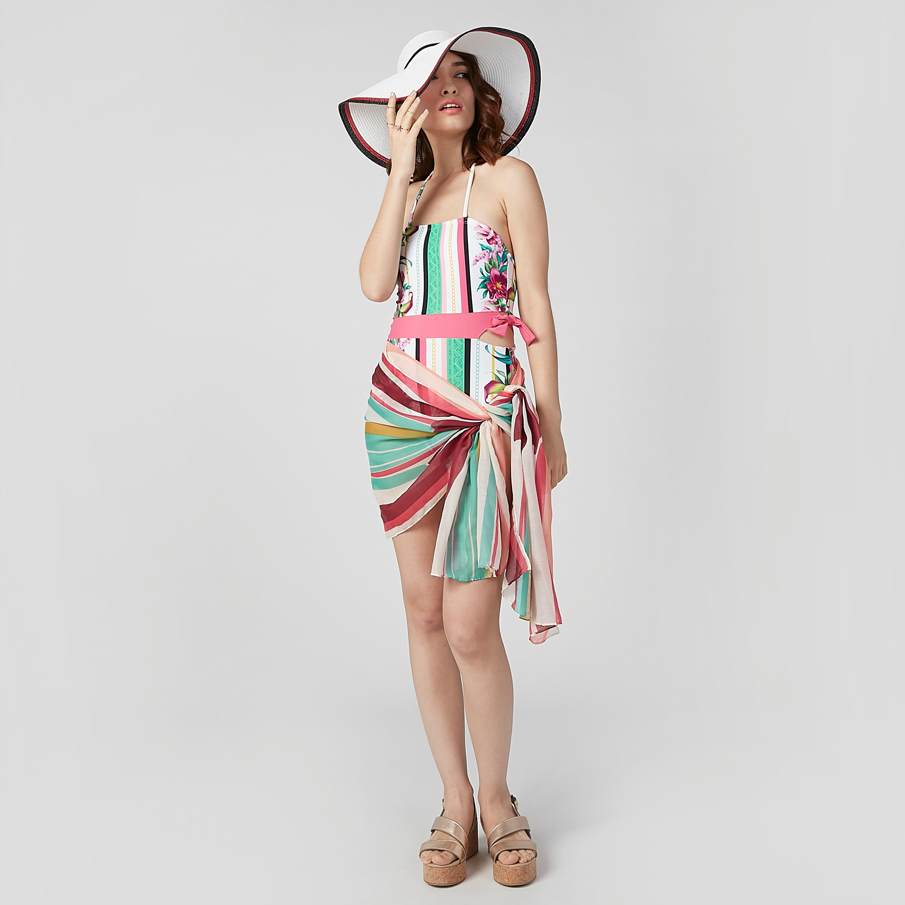 Floral Printed Swimsuit with Halter Neck Tie Ups-women-clothing-swimandbeach-swimsuits-image-1