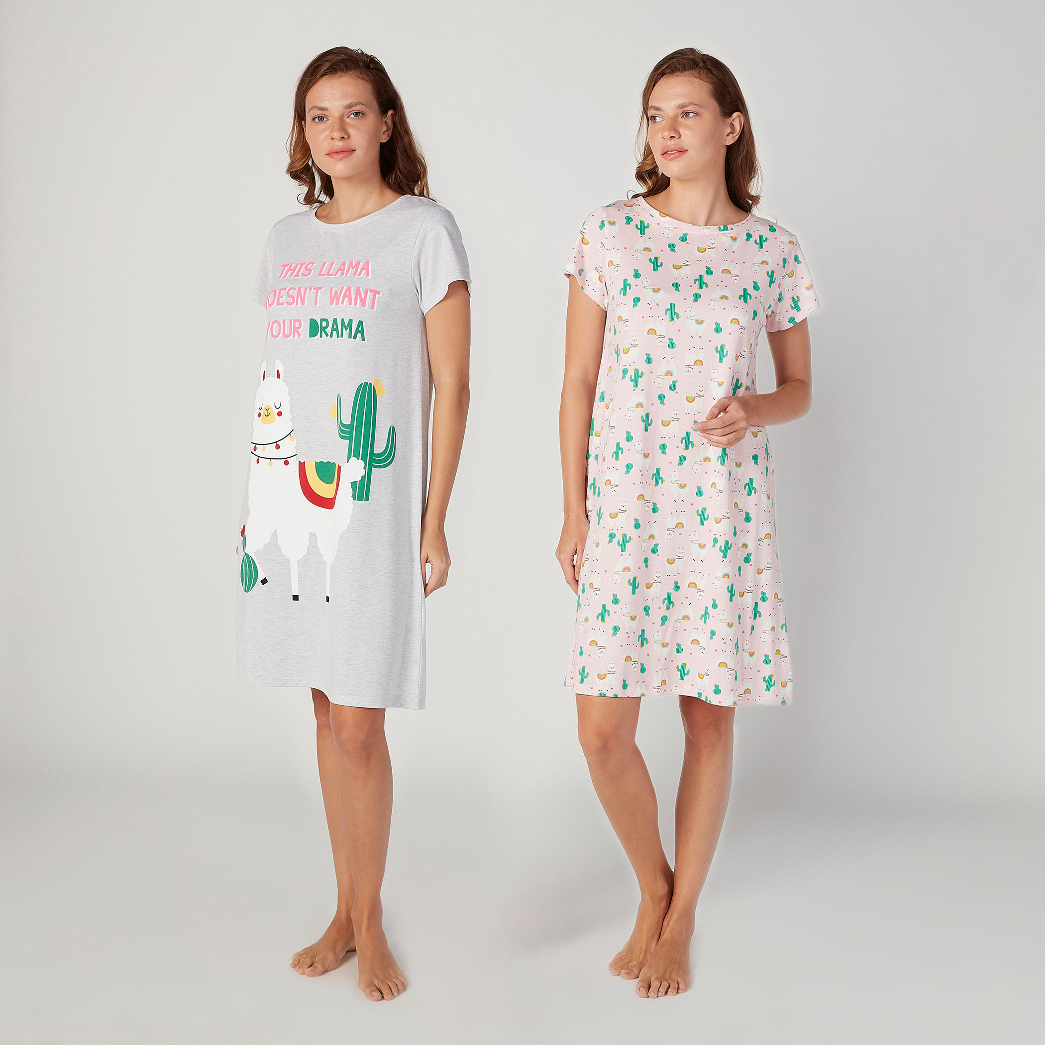 قميص نوم بياقة مستديرة وأكمام قصيرة وطبعات - طقم من قطعتين-women-clothing-nightwear-nighties-image-1